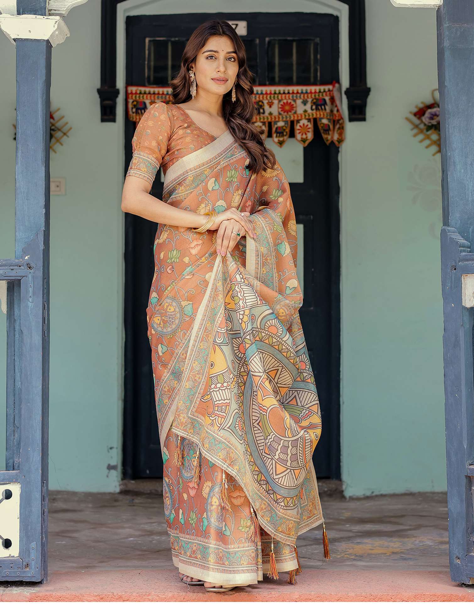 Brown Shimmer Silk Printed Kalamkari Saree
