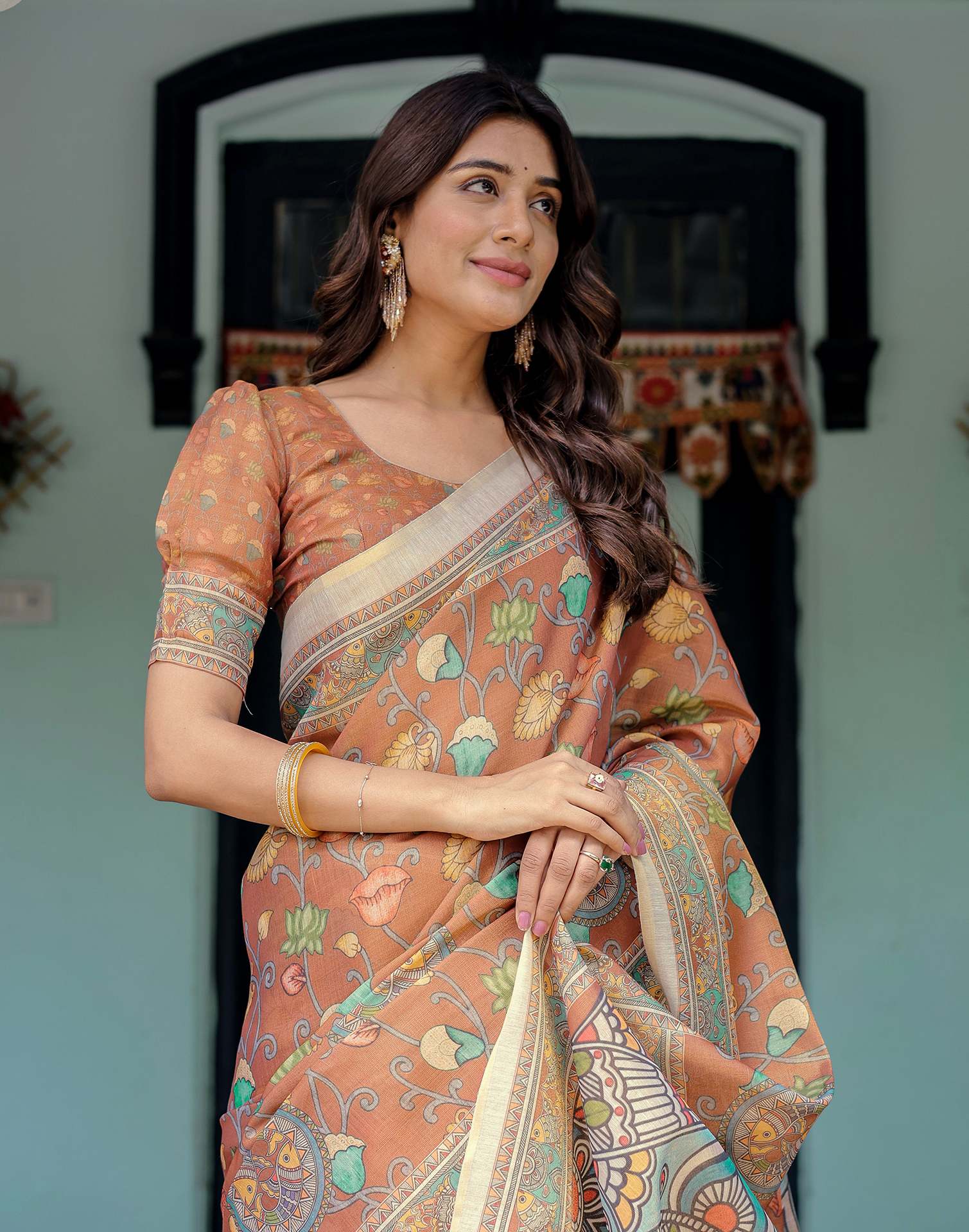 Brown Shimmer Silk Printed Kalamkari Saree