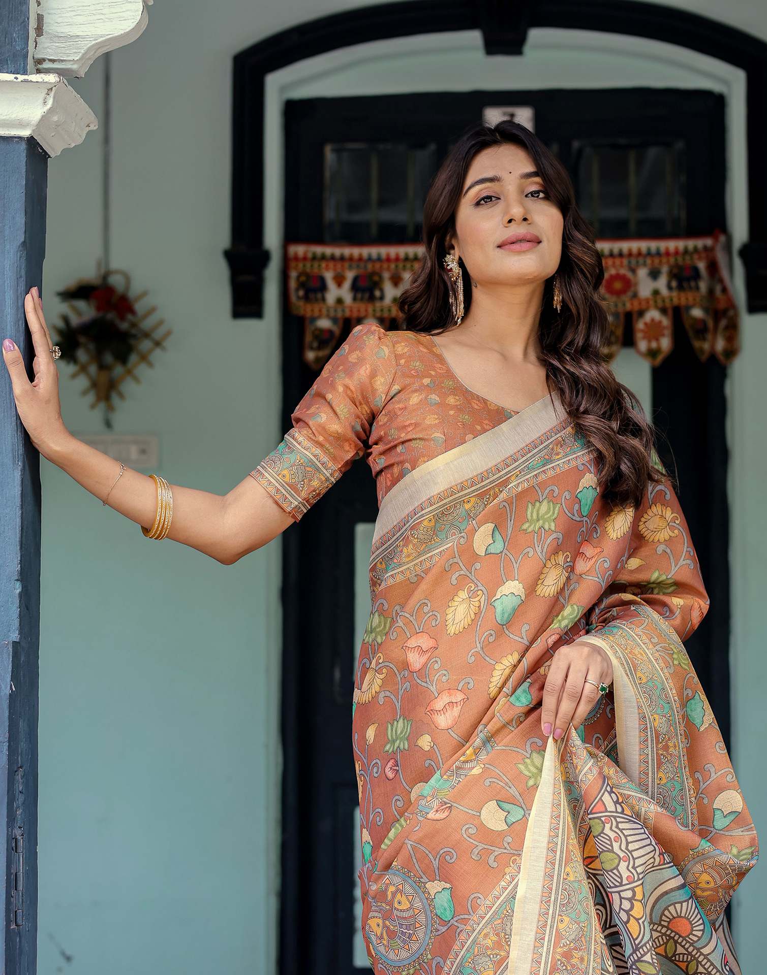 Brown Shimmer Silk Printed Kalamkari Saree