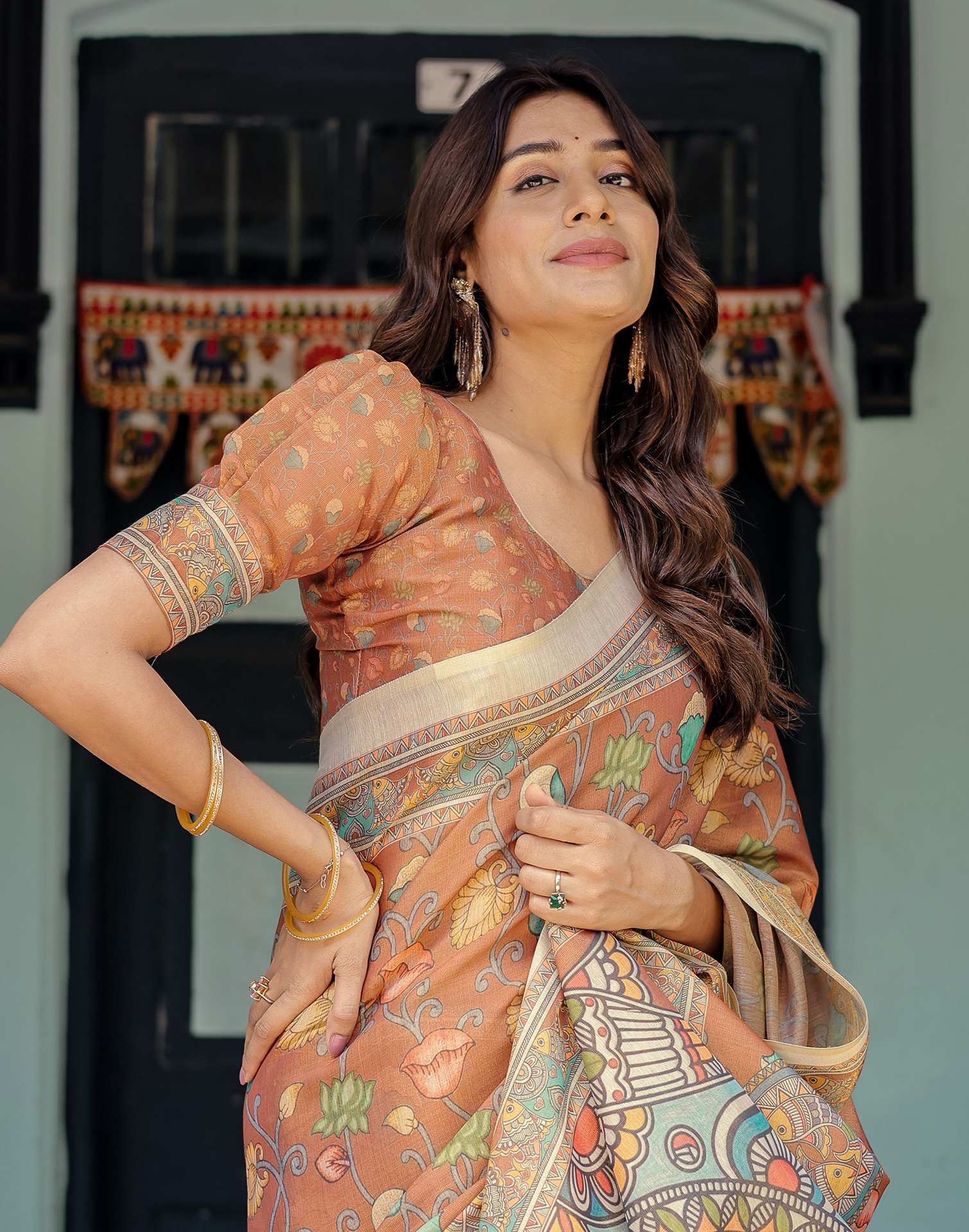 Brown Shimmer Silk Printed Kalamkari Saree
