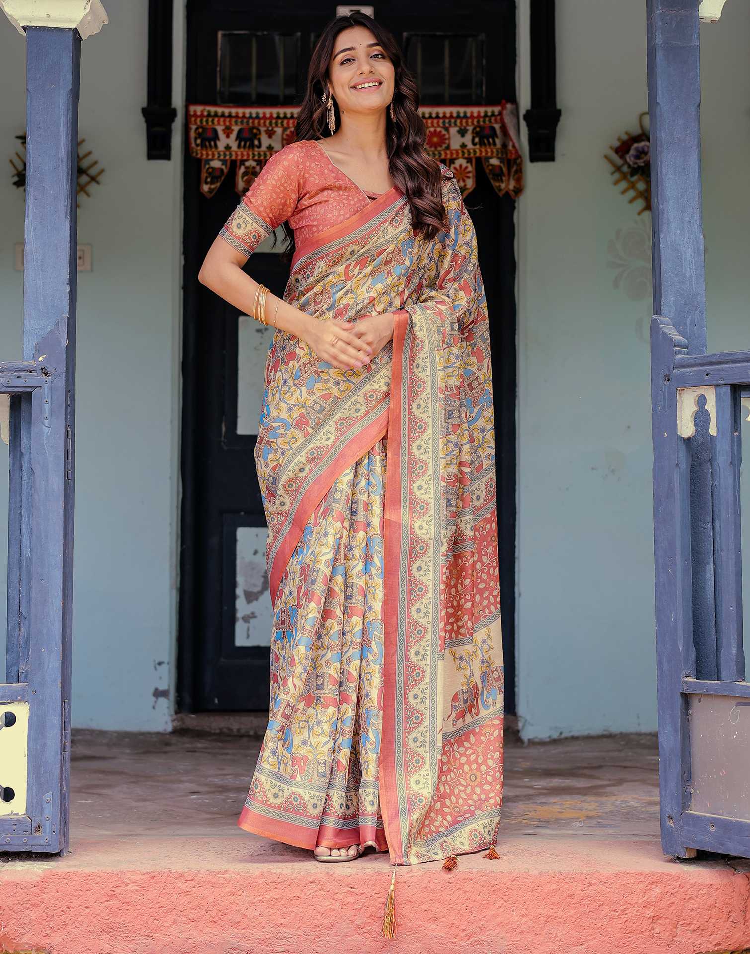 Coral Red Shimmer Silk Printed Kalamkari Saree