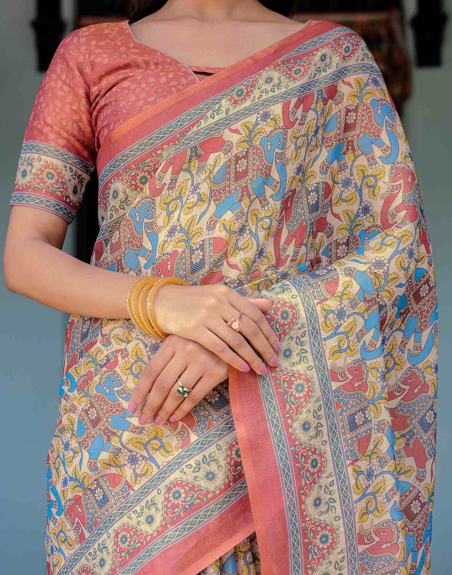 Coral Red Shimmer Silk Printed Kalamkari Saree