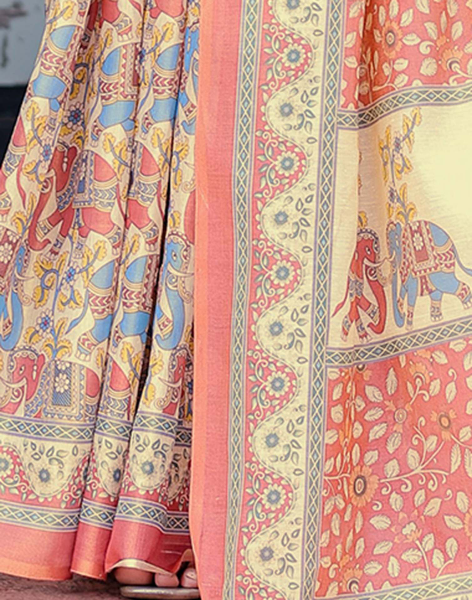Coral Red Shimmer Silk Printed Kalamkari Saree