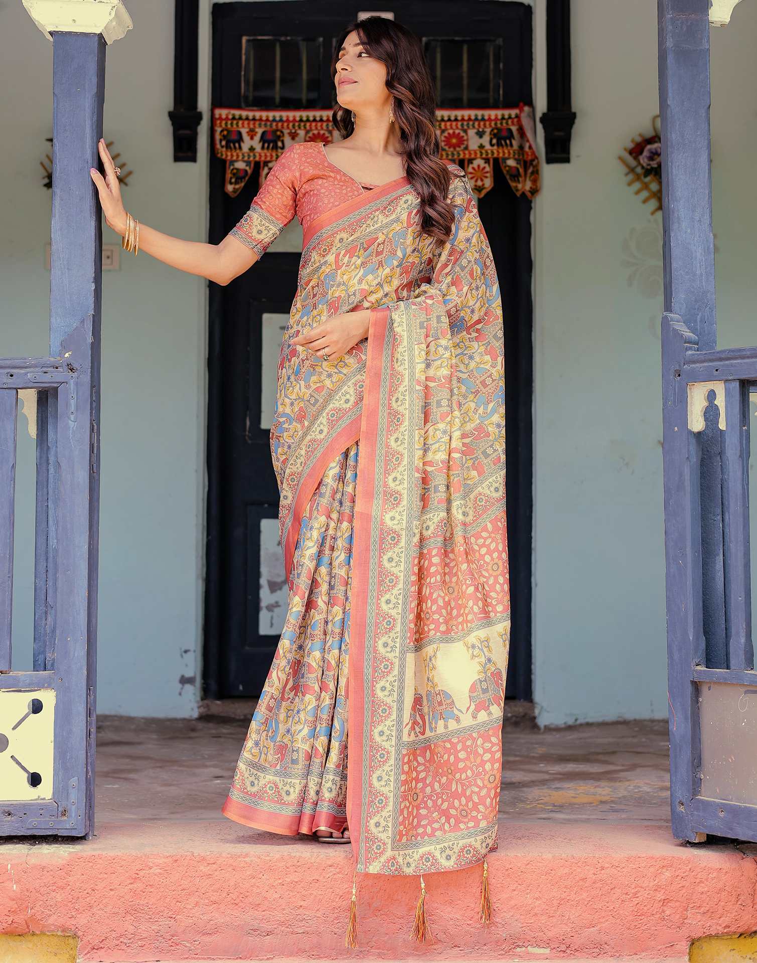 Coral Red Shimmer Silk Printed Kalamkari Saree