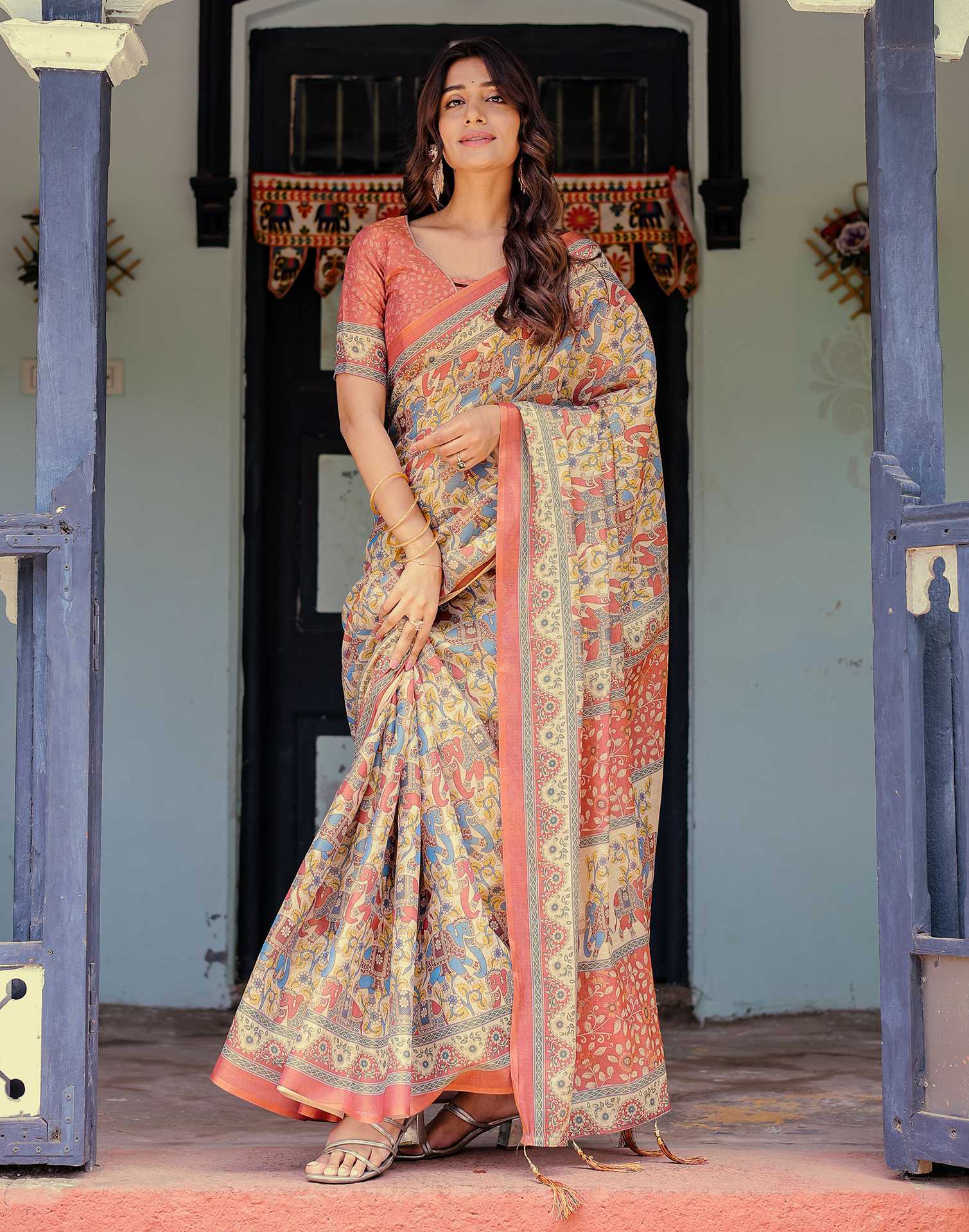 Coral Red Shimmer Silk Printed Kalamkari Saree