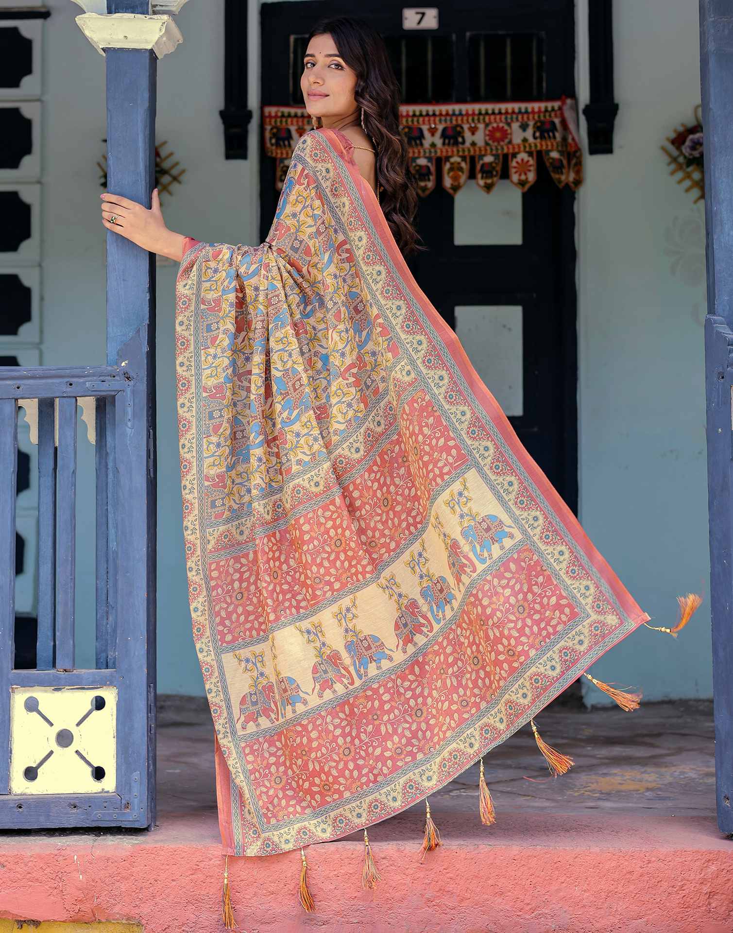 Coral Red Shimmer Silk Printed Kalamkari Saree