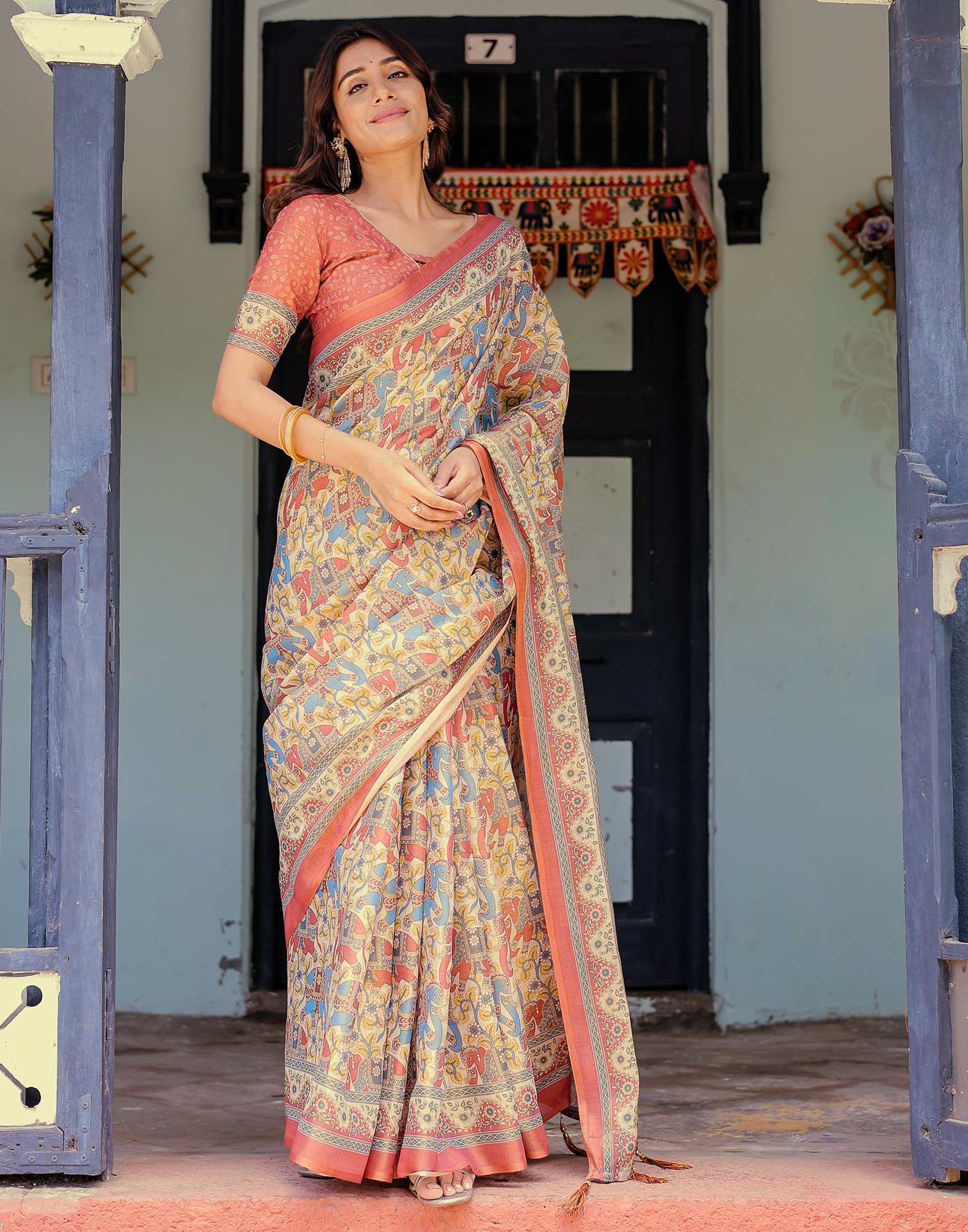 Coral Red Shimmer Silk Printed Kalamkari Saree