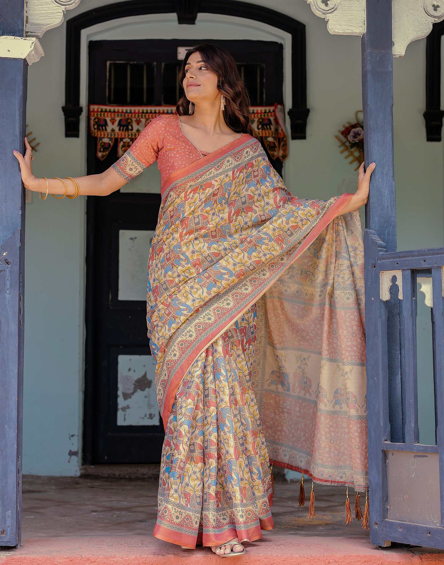 Coral Red Shimmer Silk Printed Kalamkari Saree