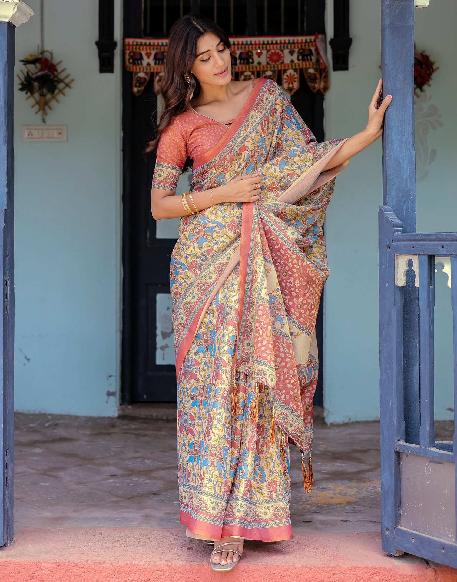 Coral Red Shimmer Silk Printed Kalamkari Saree