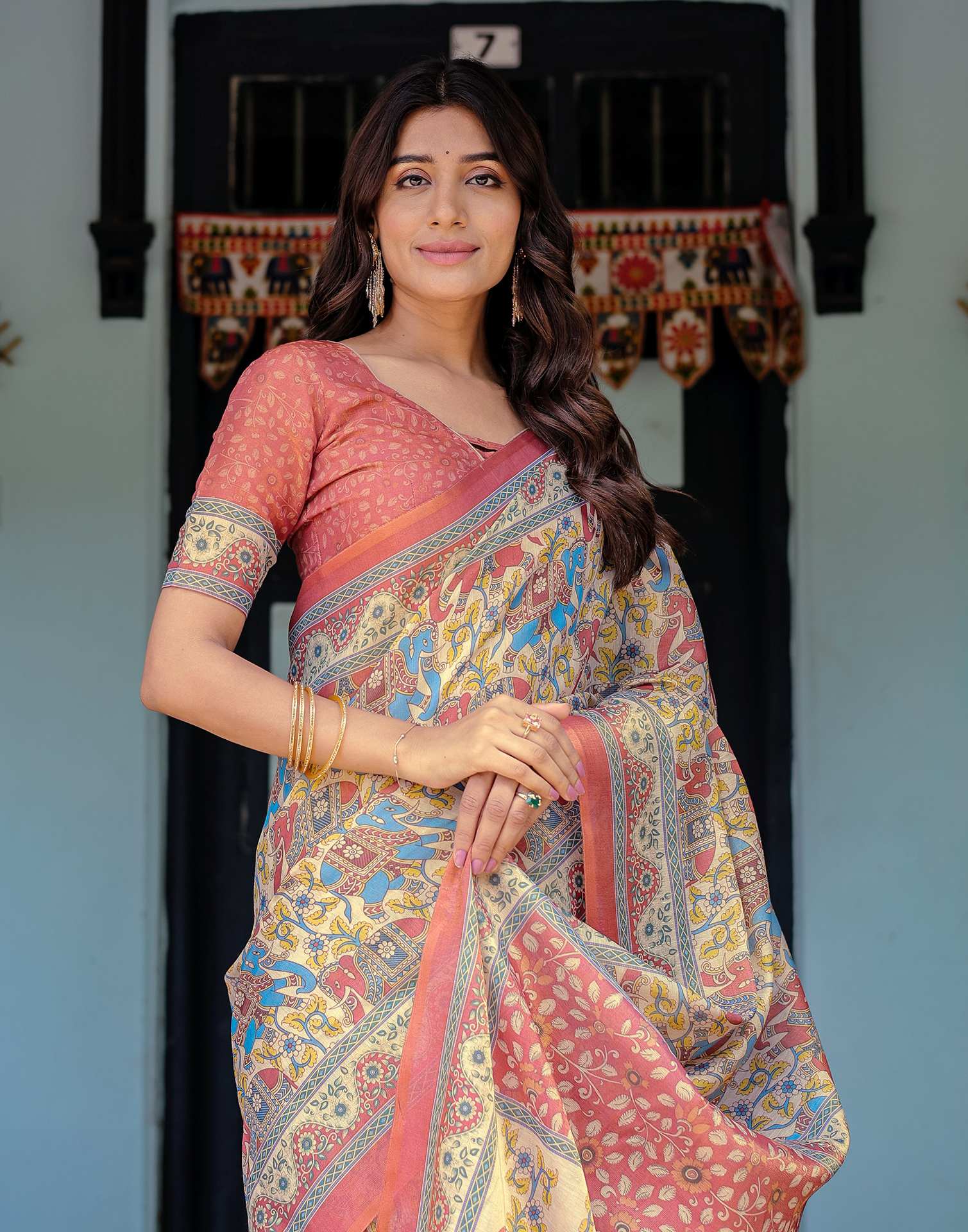 Coral Red Shimmer Silk Printed Kalamkari Saree