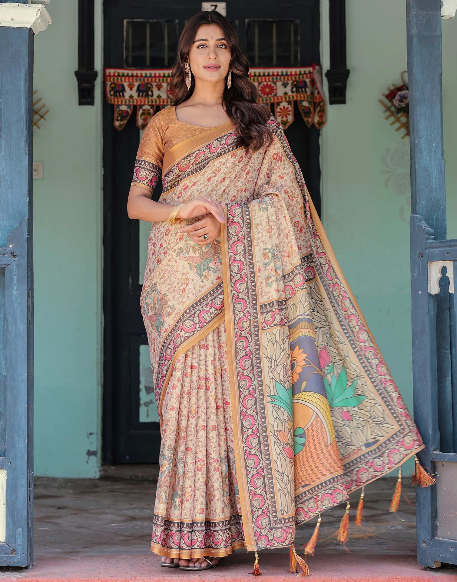 Beige Shimmer Silk Printed Saree