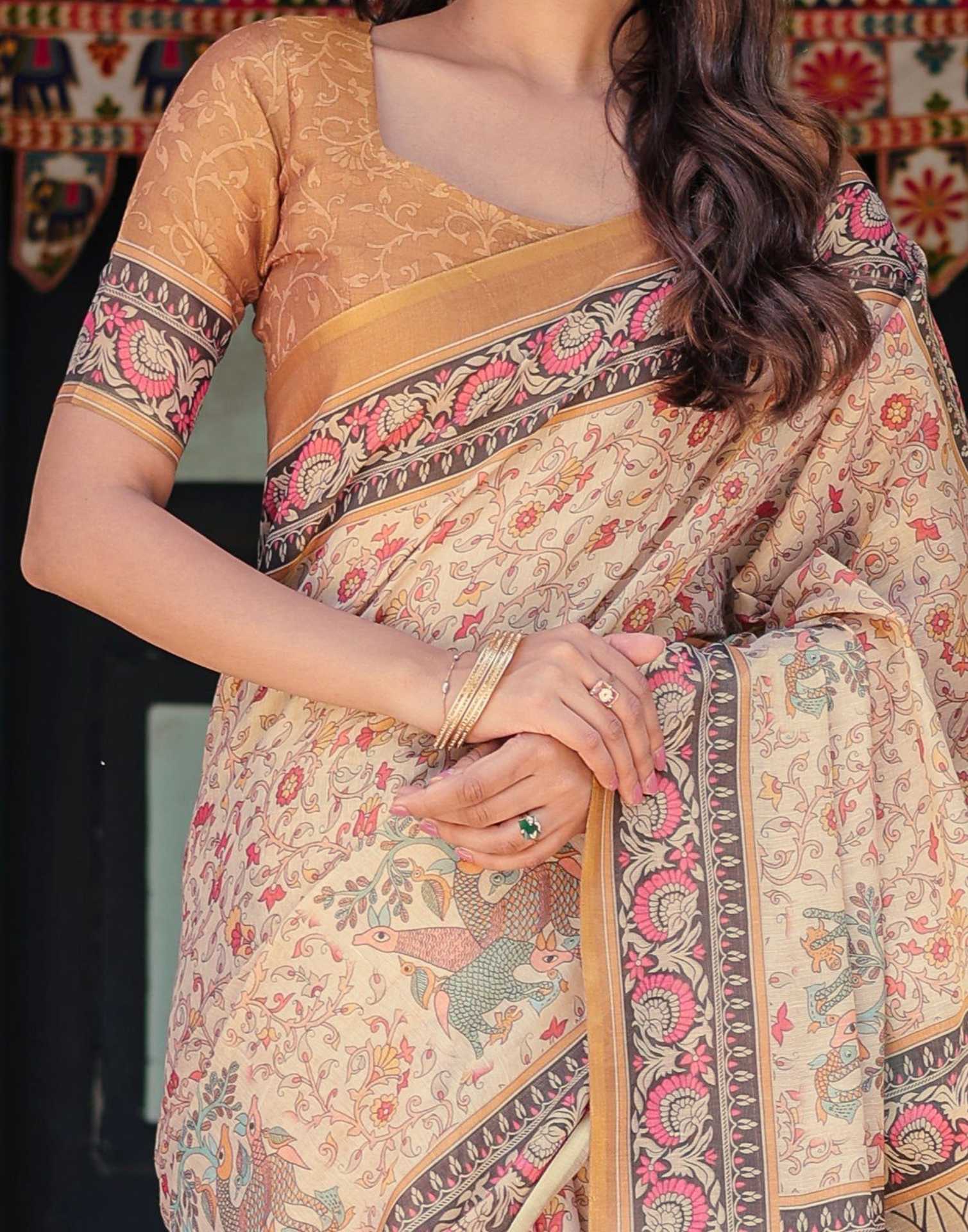 Beige Shimmer Silk Printed Saree