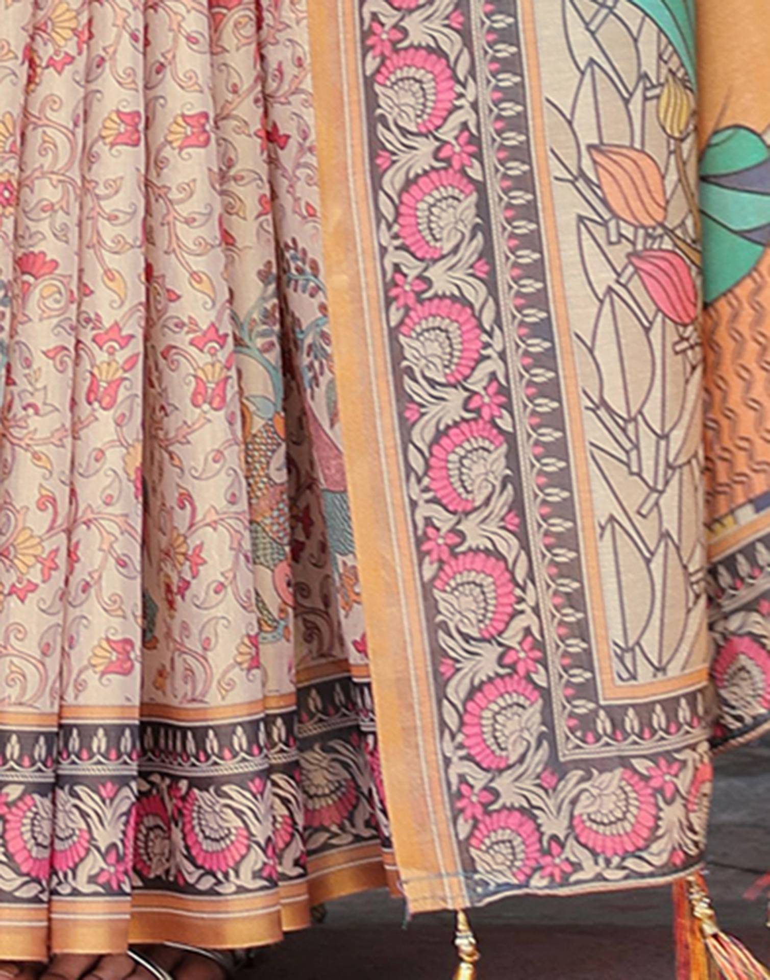 Beige Shimmer Silk Printed Saree