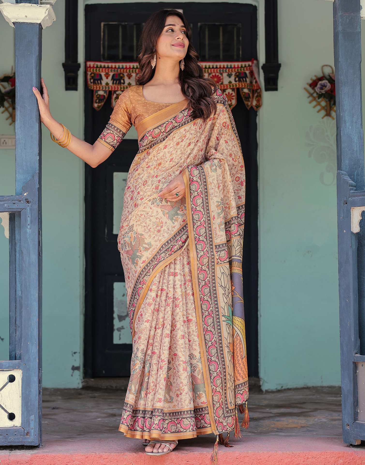Beige Shimmer Silk Printed Saree