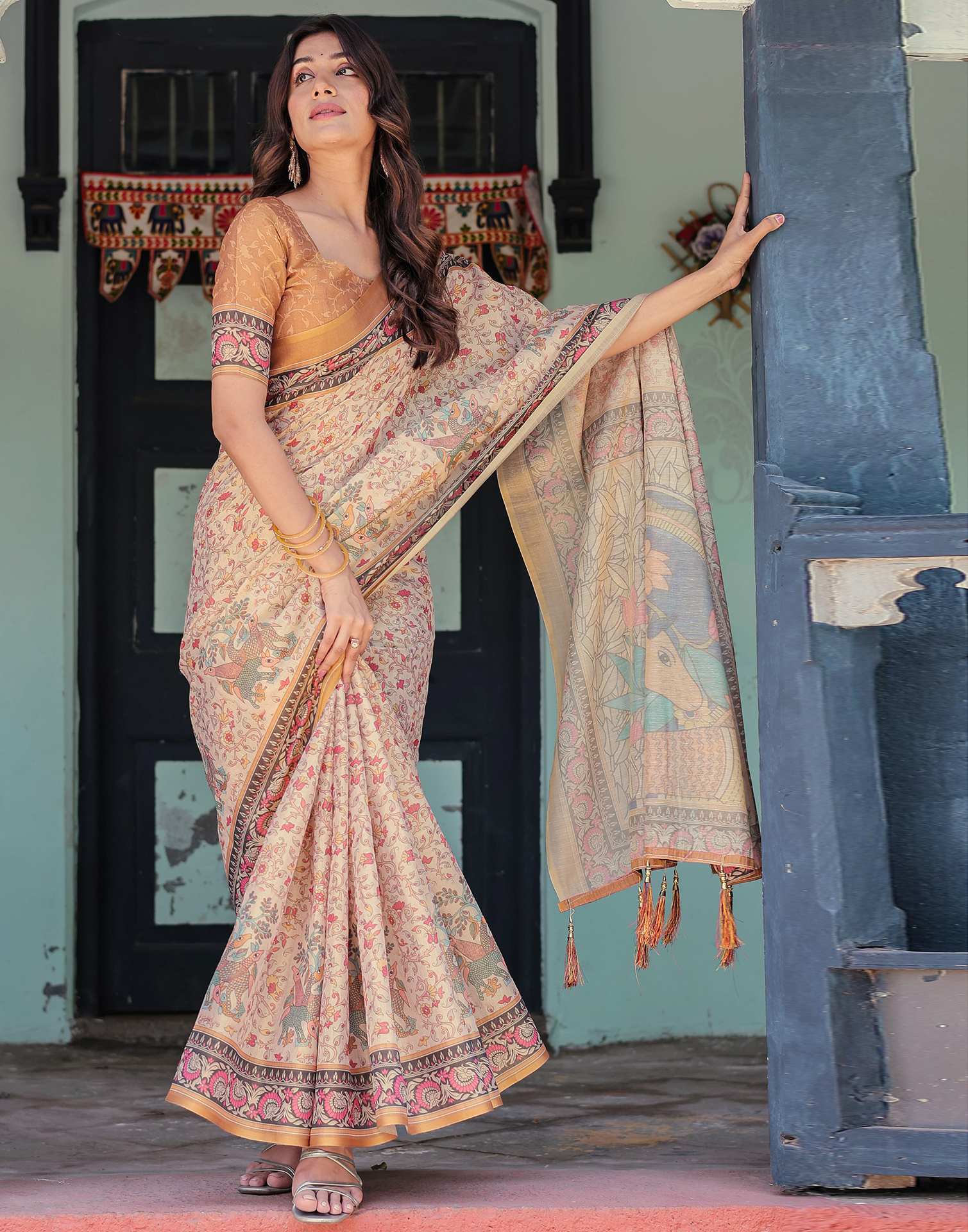 Beige Shimmer Silk Printed Saree