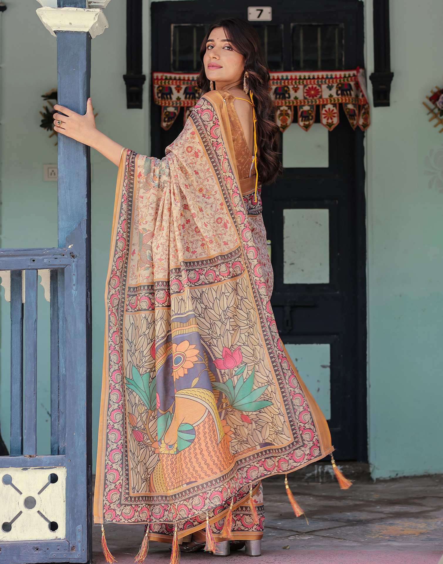 Beige Shimmer Silk Printed Saree