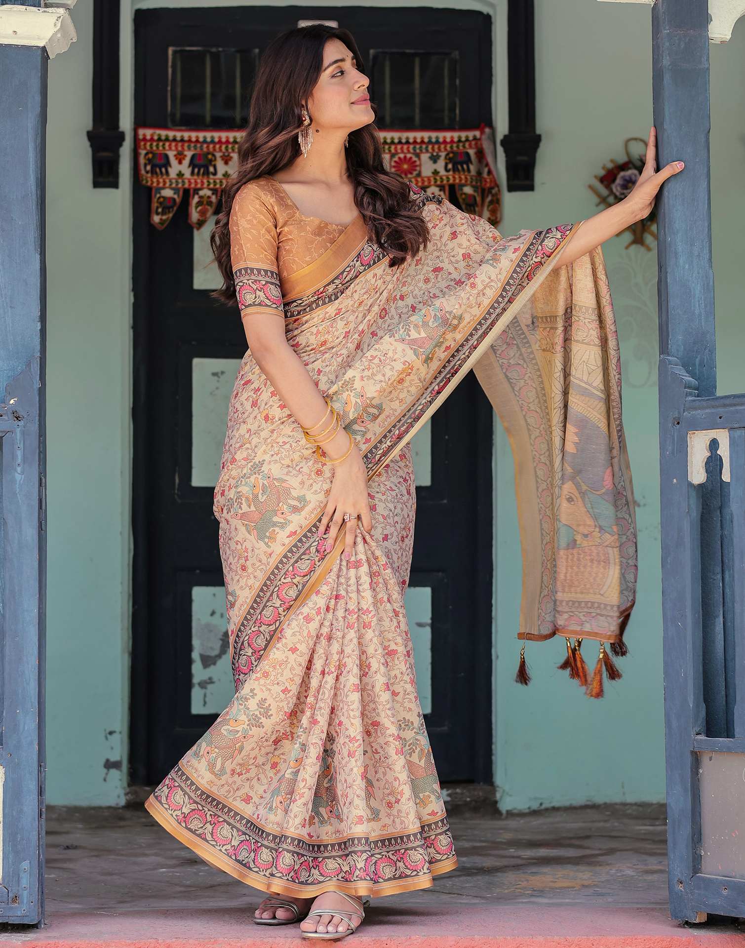 Beige Shimmer Silk Printed Saree