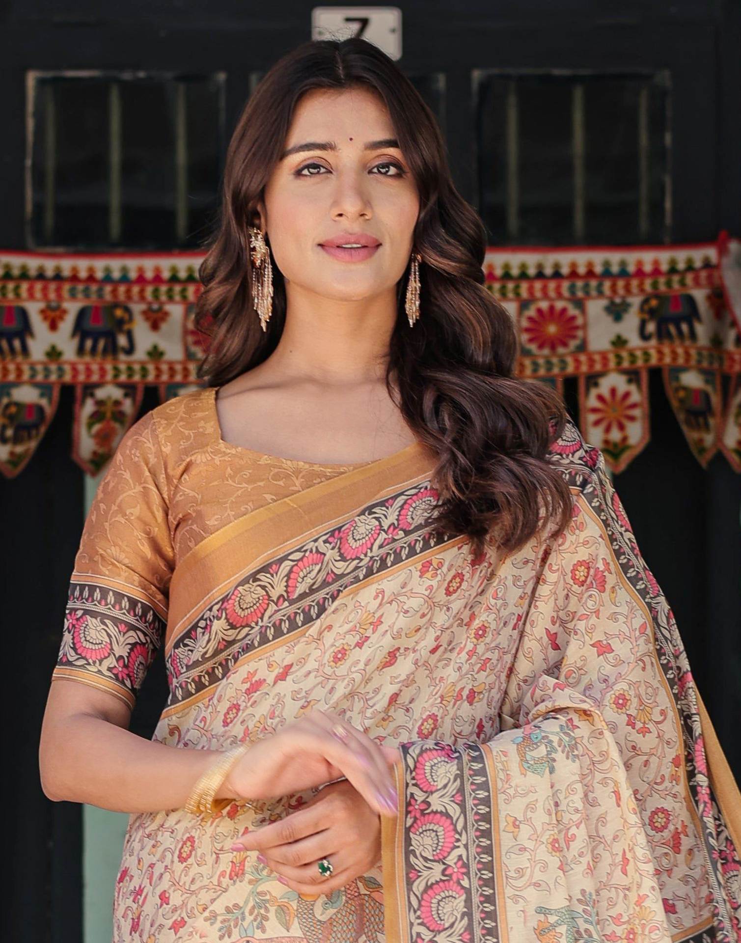 Beige Shimmer Silk Printed Saree