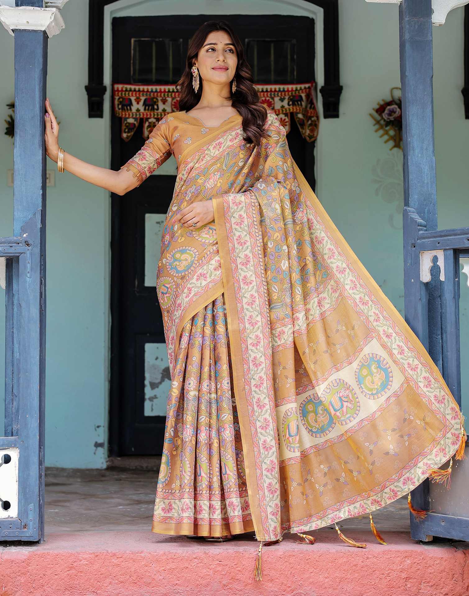 Light Brown Shimmer Silk Printed Kalamkari Saree