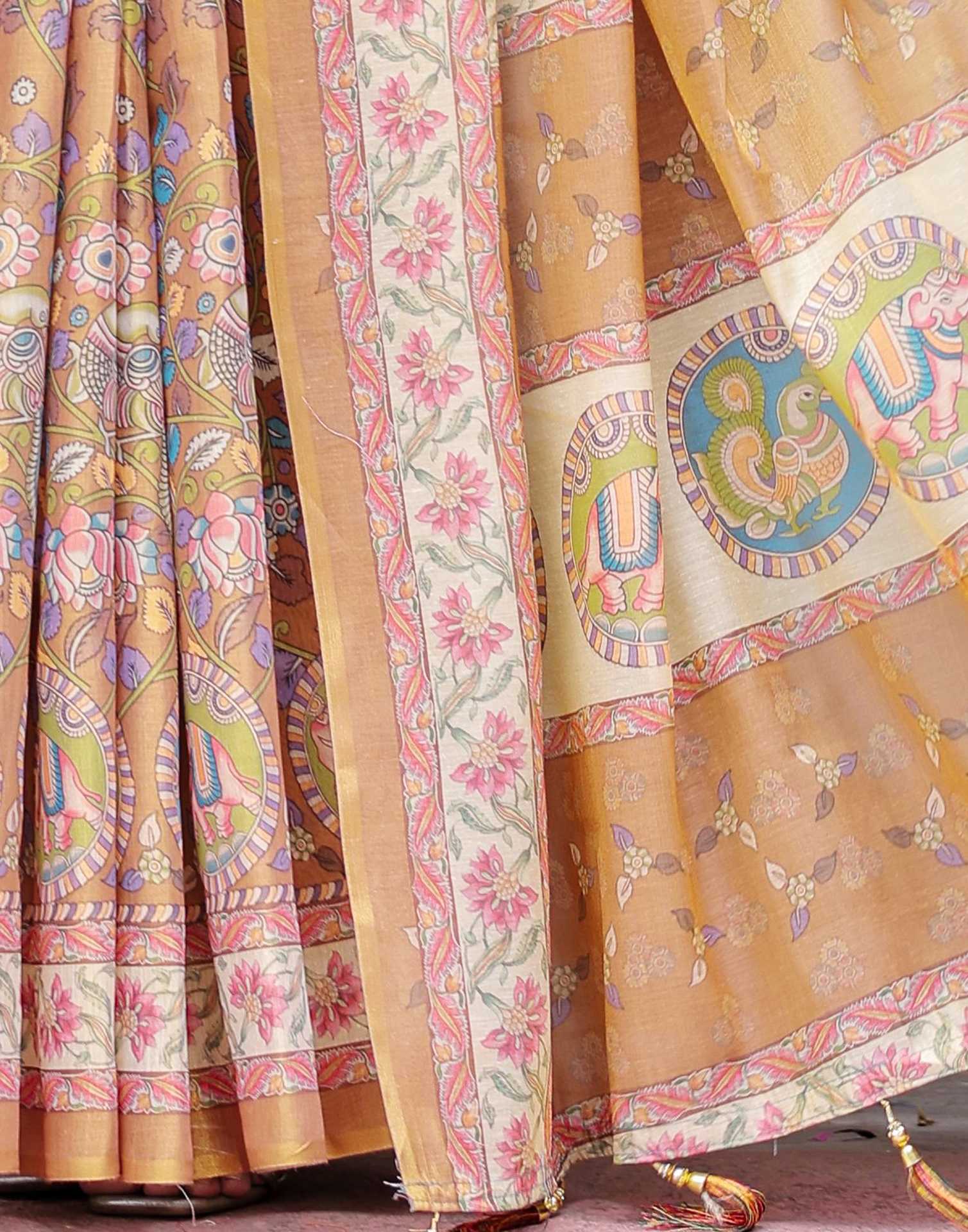 Light Brown Shimmer Silk Printed Kalamkari Saree
