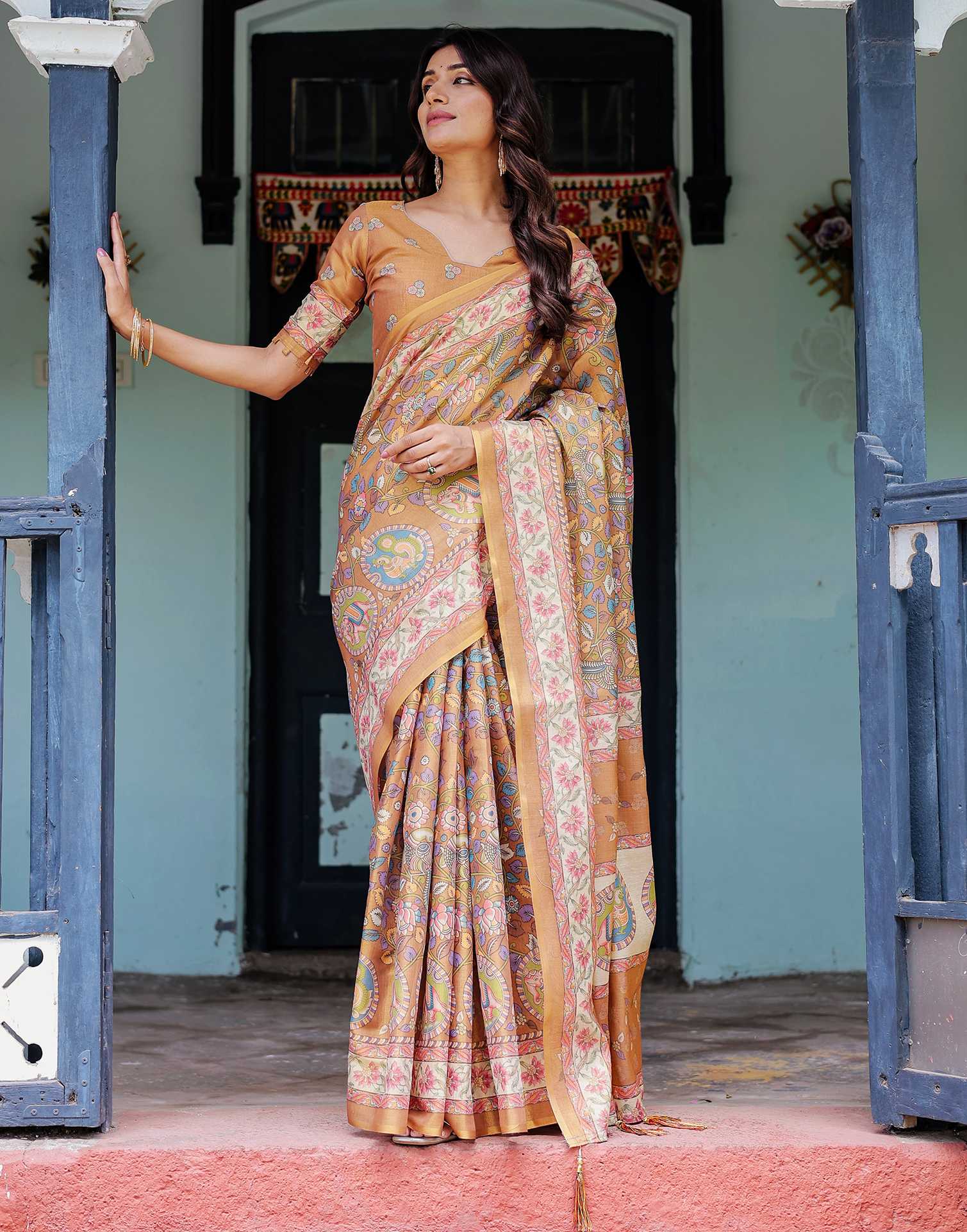 Light Brown Shimmer Silk Printed Kalamkari Saree