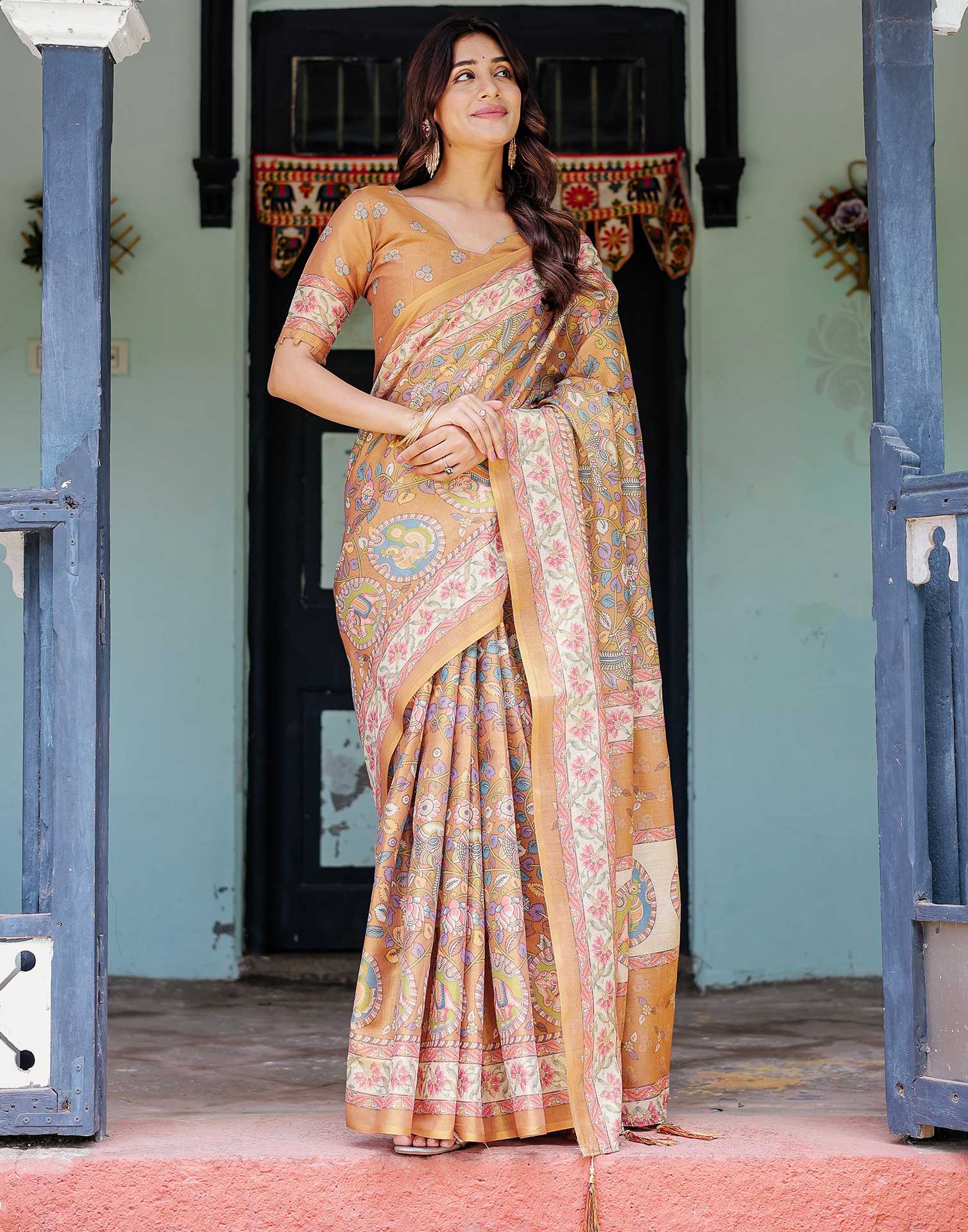 Light Brown Shimmer Silk Printed Kalamkari Saree