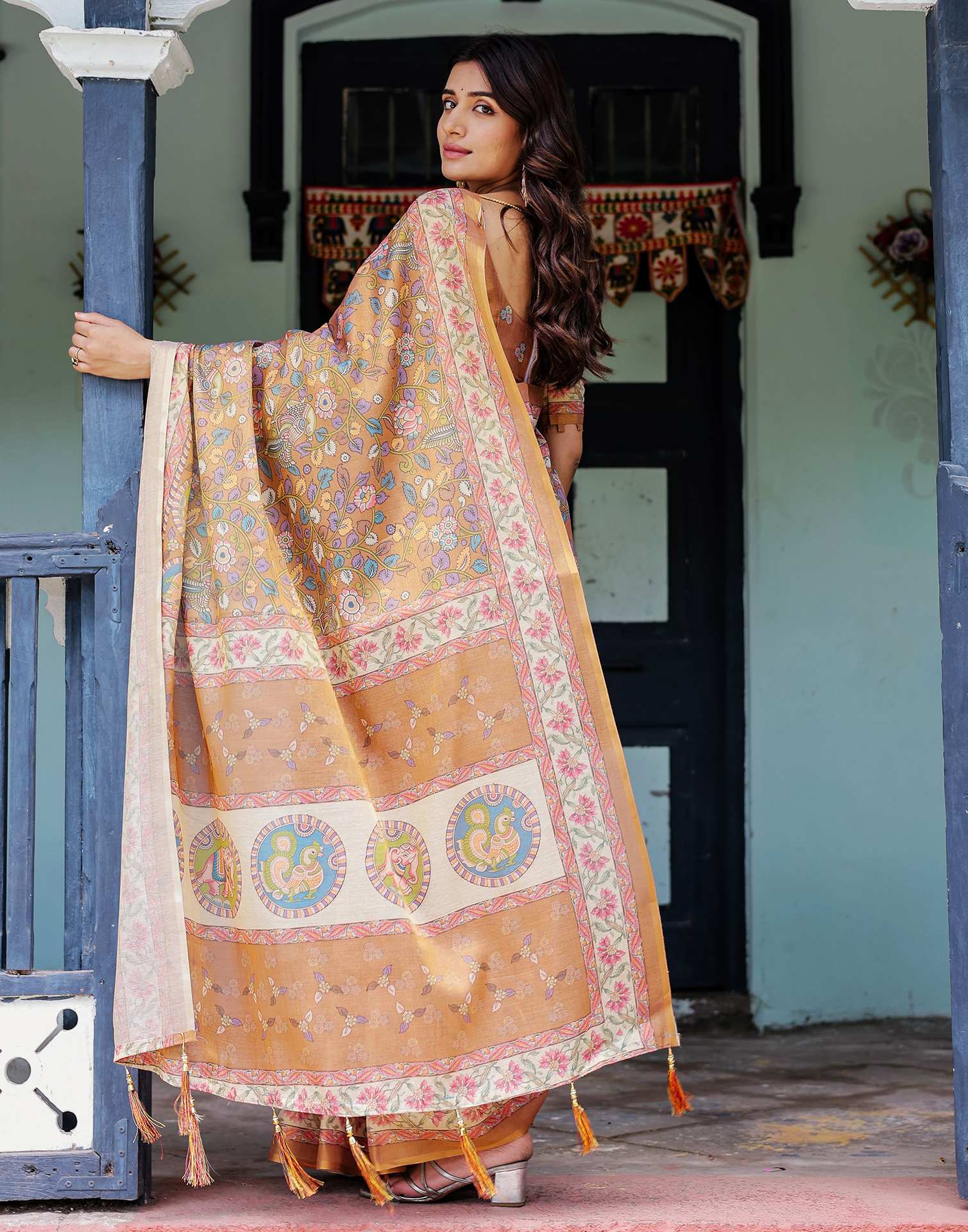 Light Brown Shimmer Silk Printed Kalamkari Saree