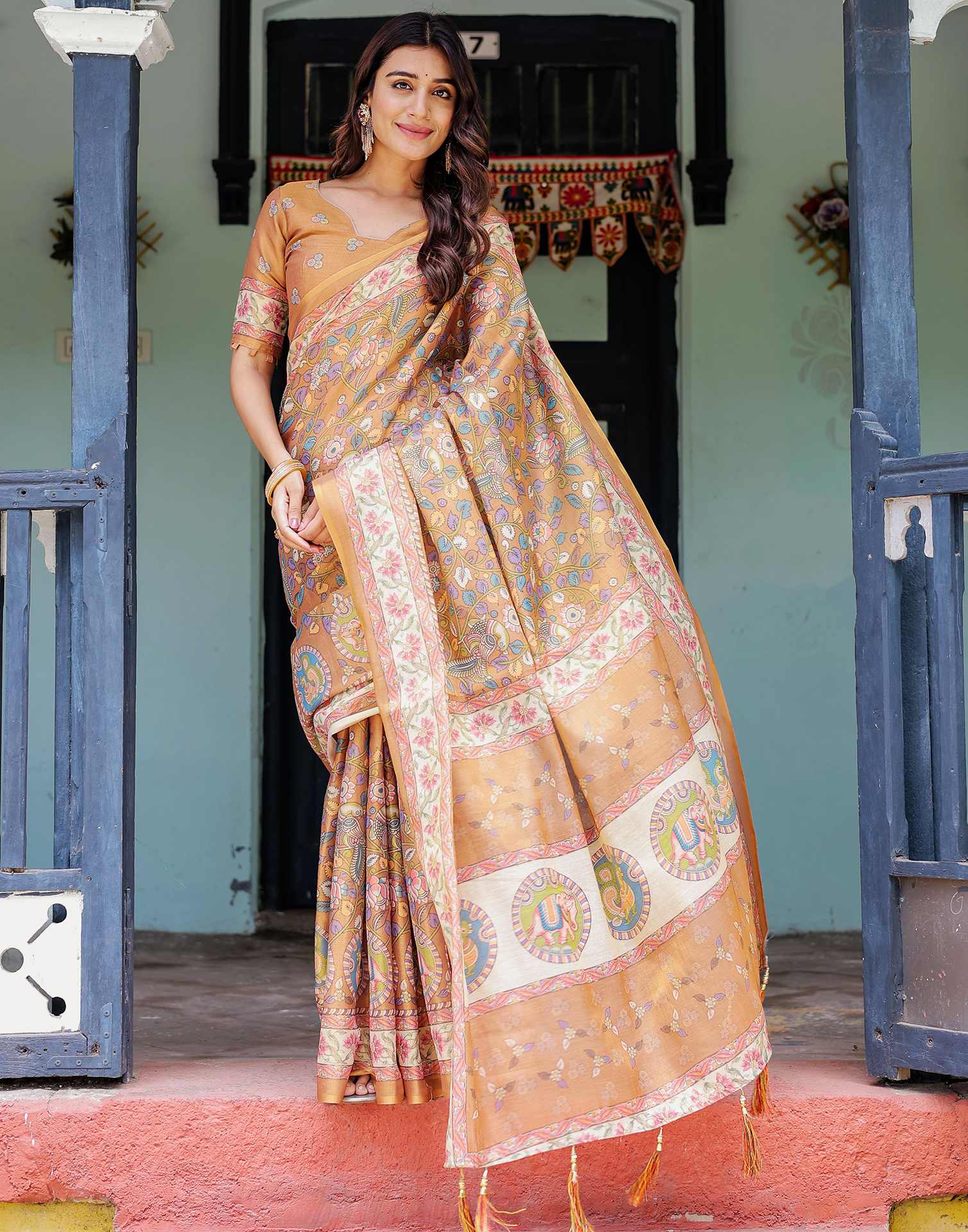 Light Brown Shimmer Silk Printed Kalamkari Saree