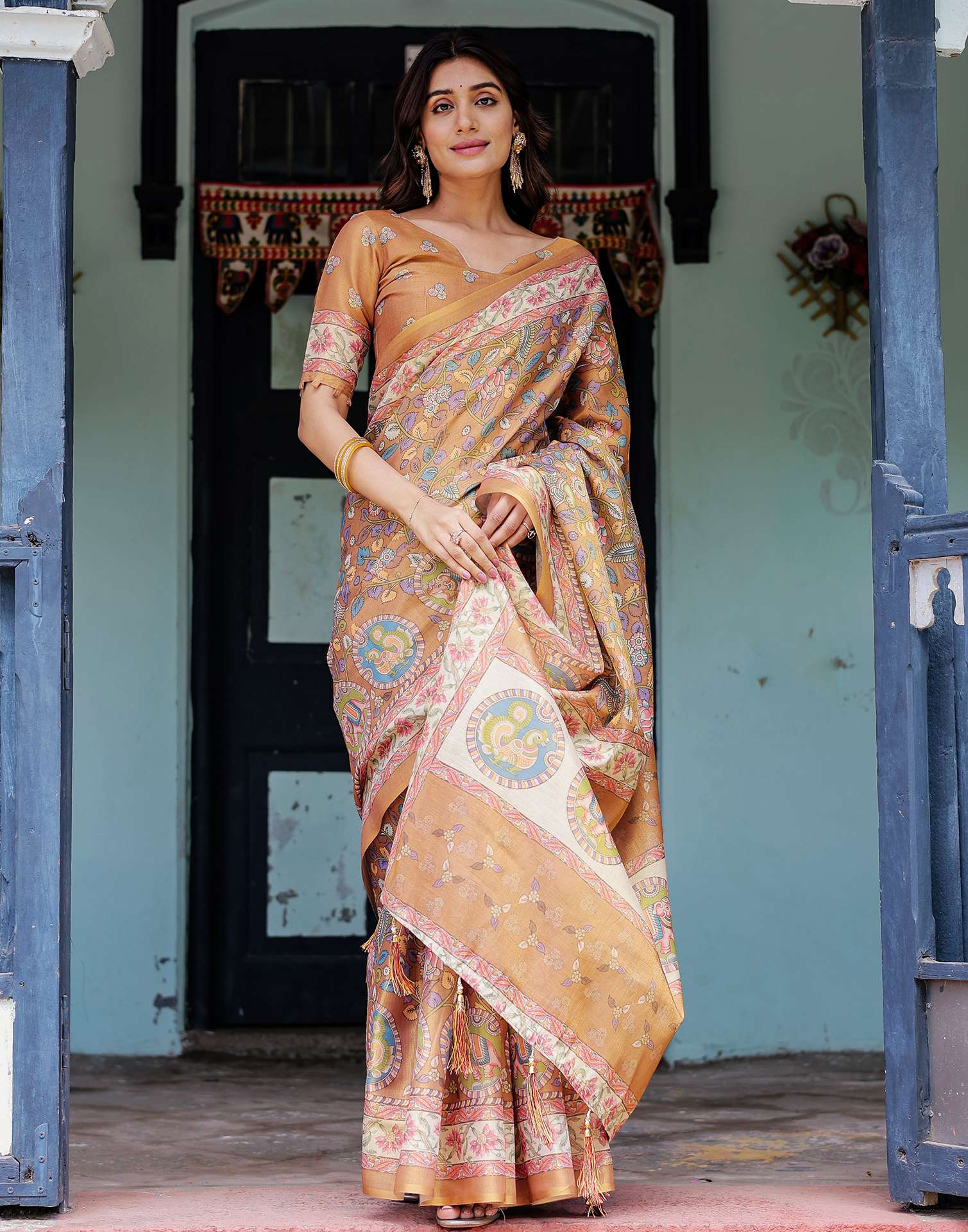 Light Brown Shimmer Silk Printed Kalamkari Saree