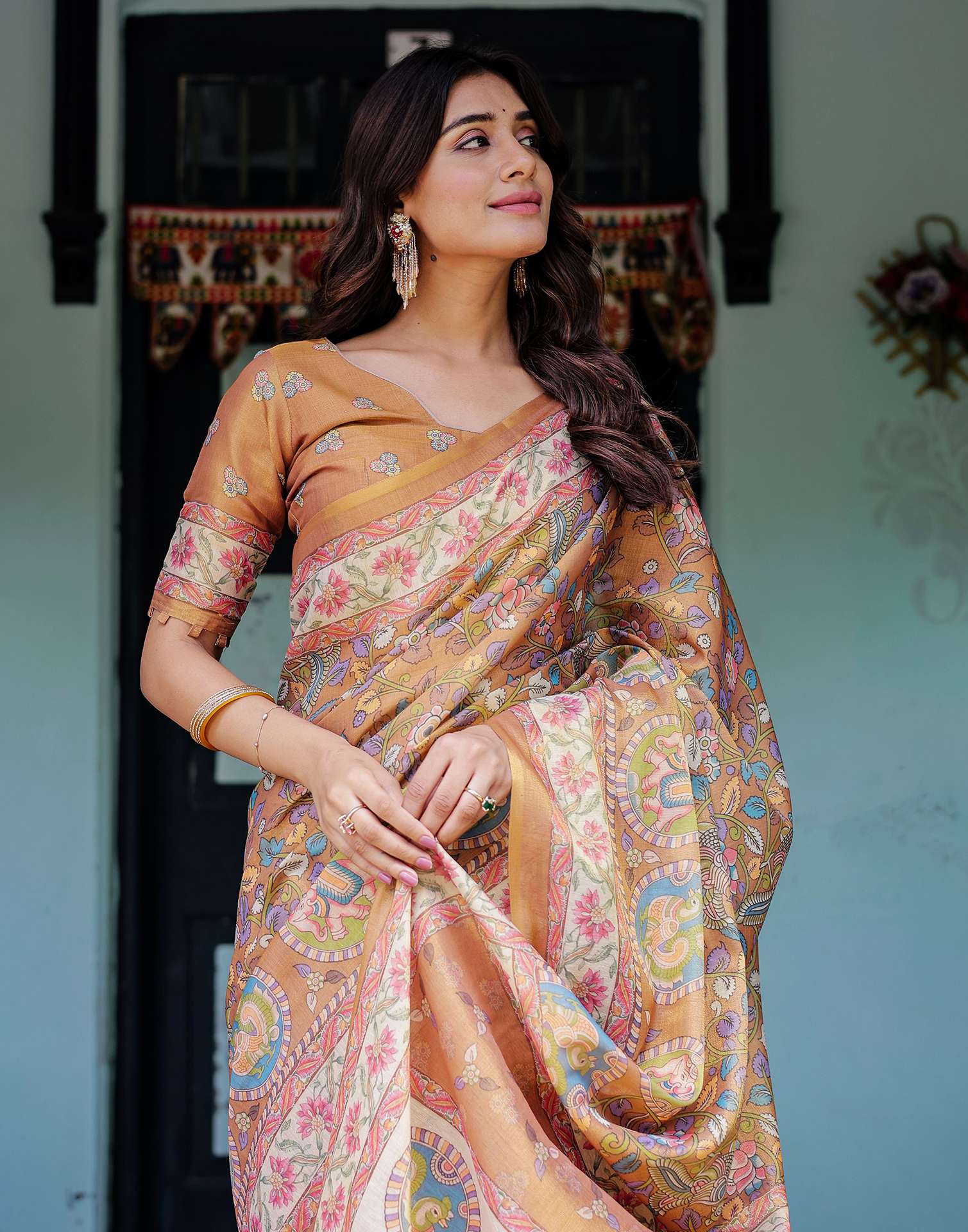 Light Brown Shimmer Silk Printed Kalamkari Saree