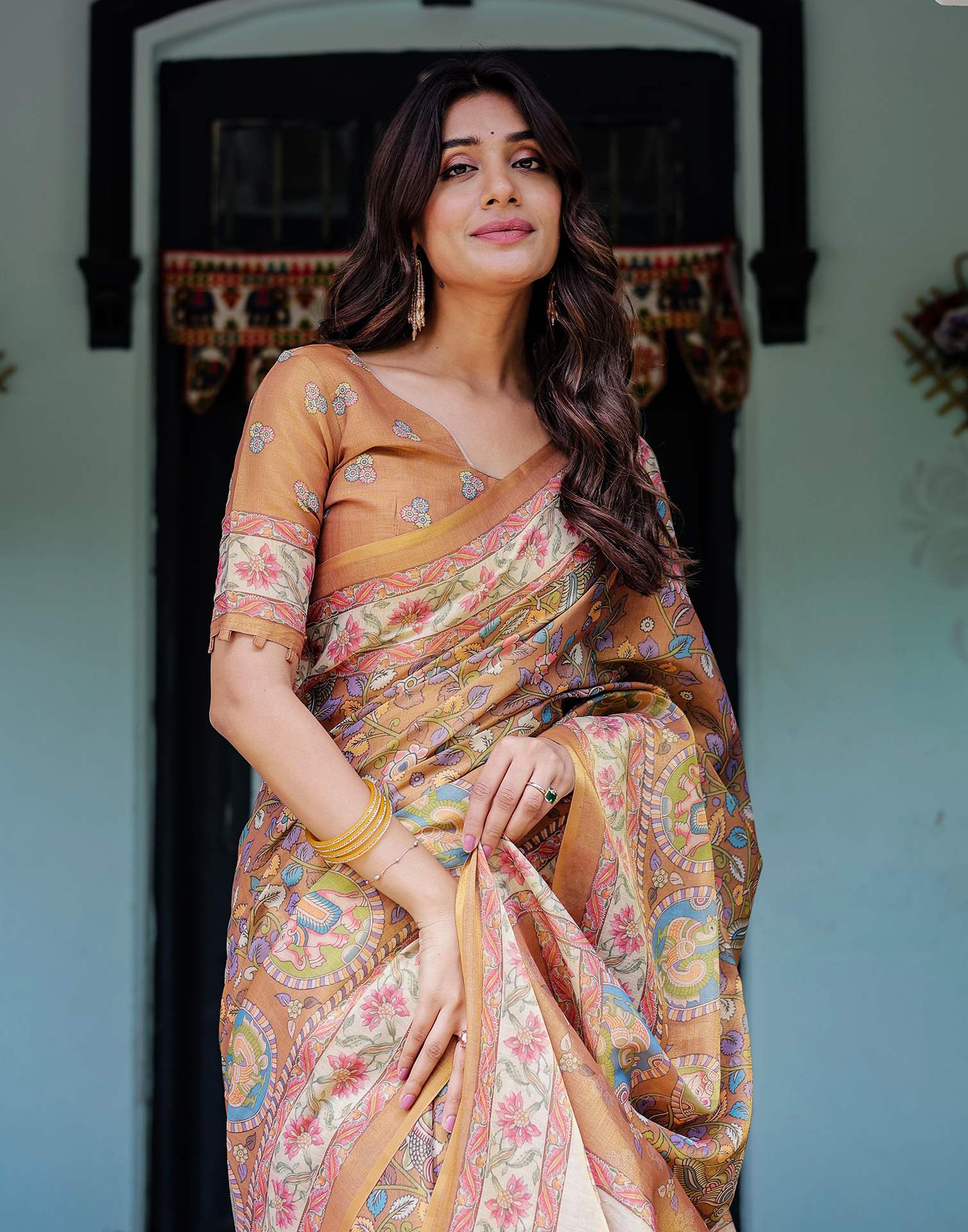 Light Brown Shimmer Silk Printed Kalamkari Saree