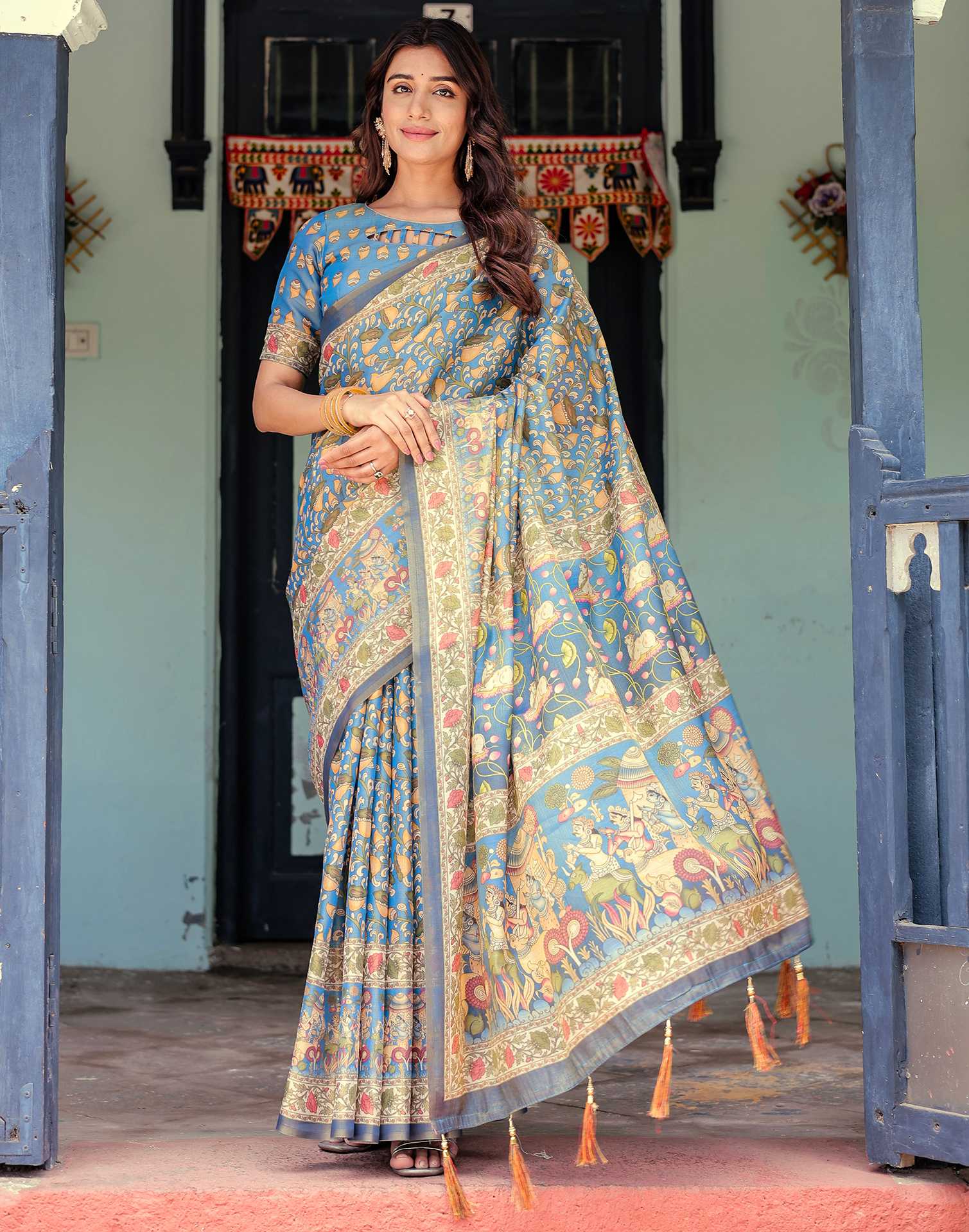 Blue Shimmer Silk Printed Kalamkari Saree