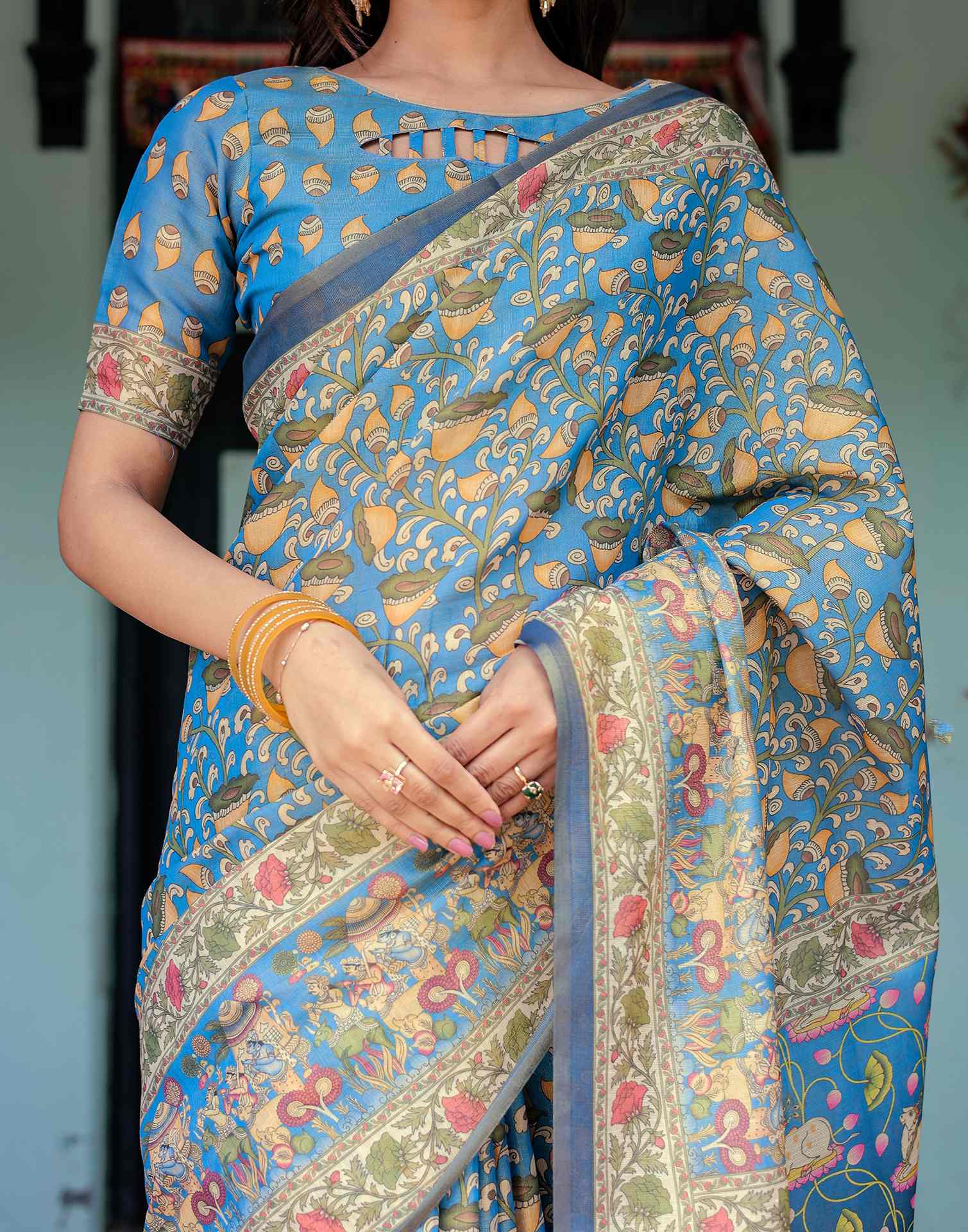 Blue Shimmer Silk Printed Kalamkari Saree