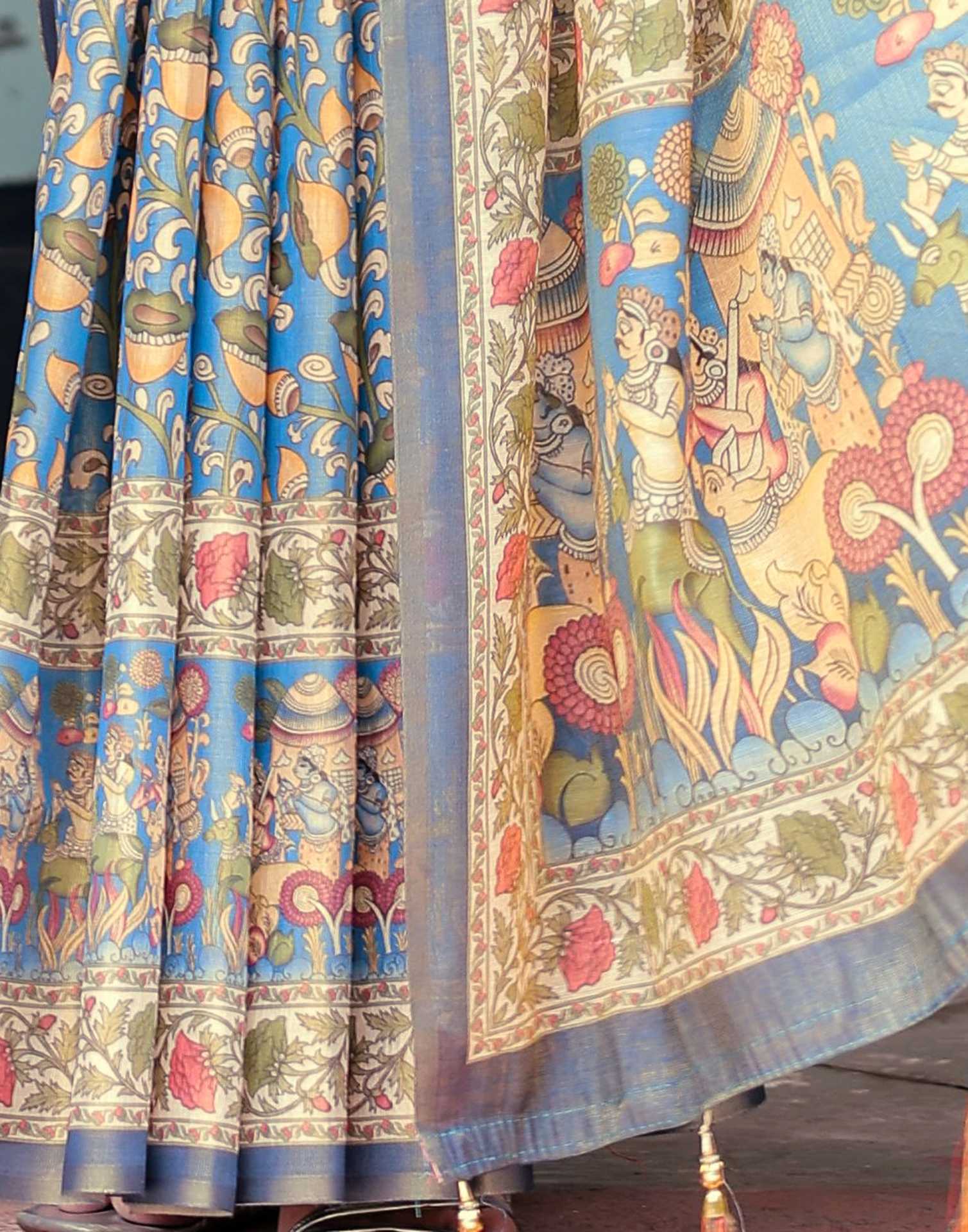 Blue Shimmer Silk Printed Kalamkari Saree