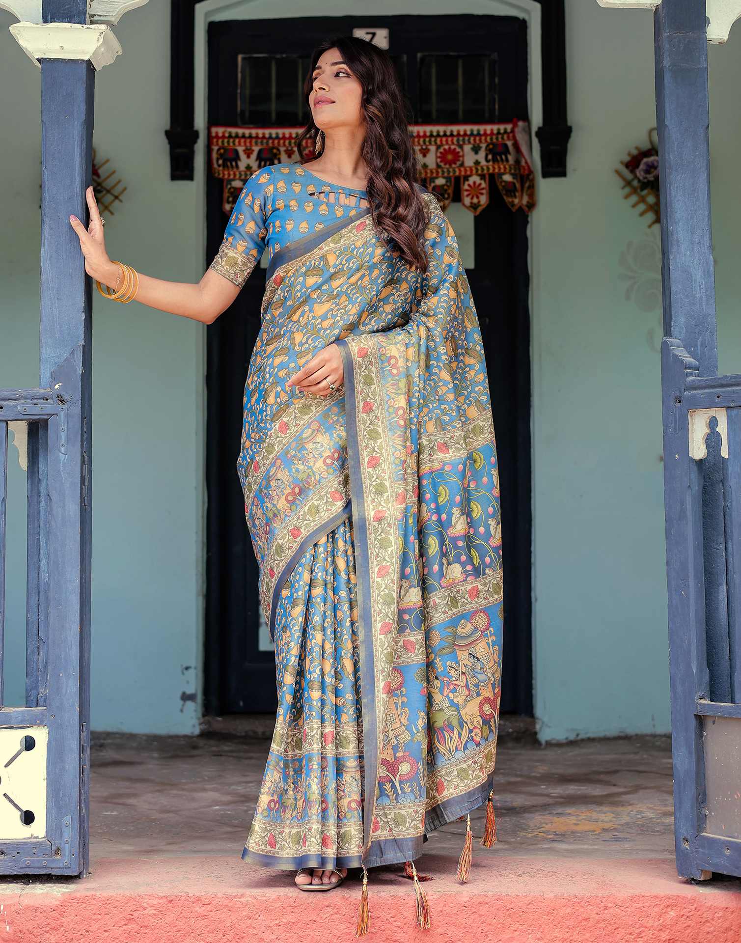 Blue Shimmer Silk Printed Kalamkari Saree