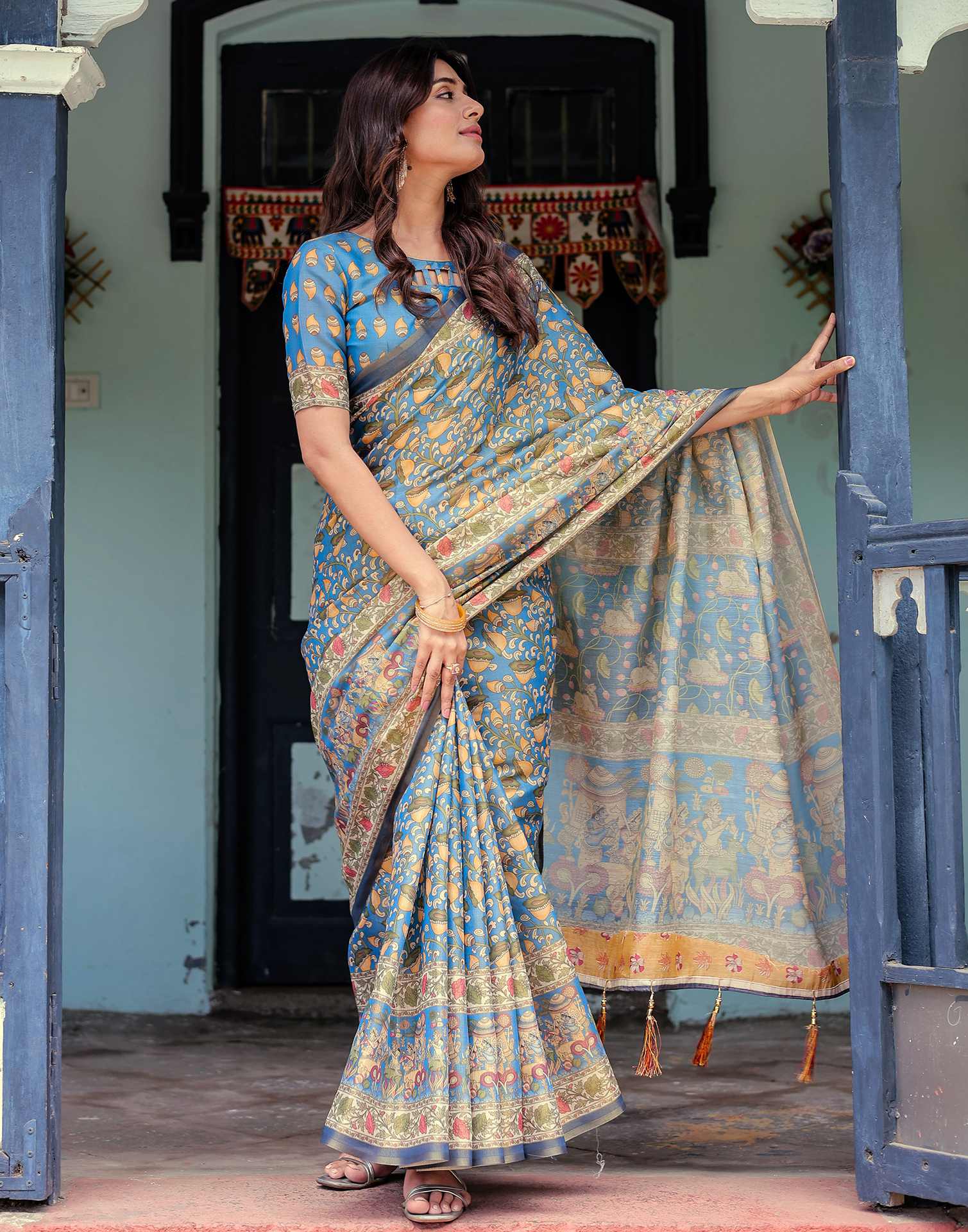 Blue Shimmer Silk Printed Kalamkari Saree