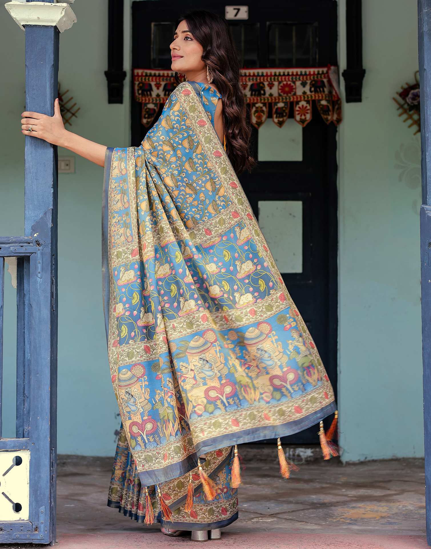 Blue Shimmer Silk Printed Kalamkari Saree