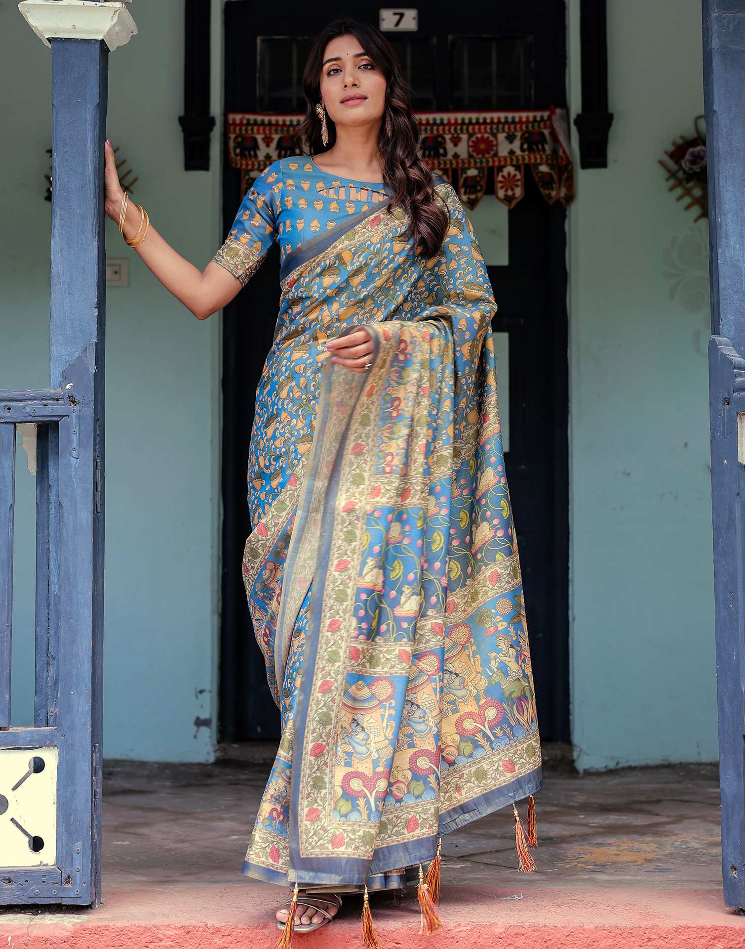 Blue Shimmer Silk Printed Kalamkari Saree