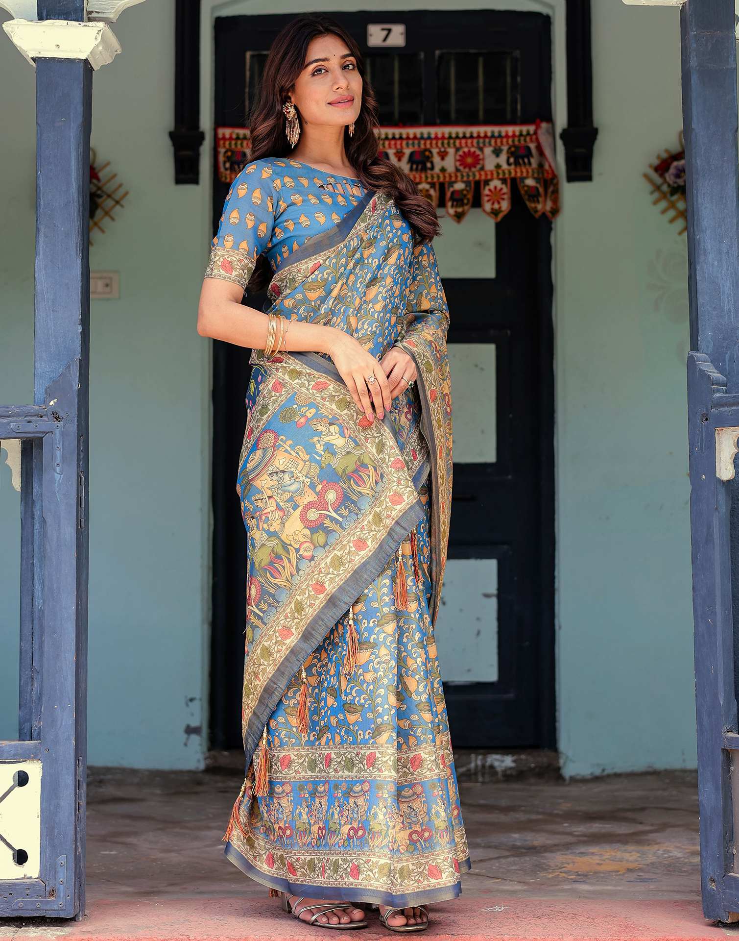 Blue Shimmer Silk Printed Kalamkari Saree