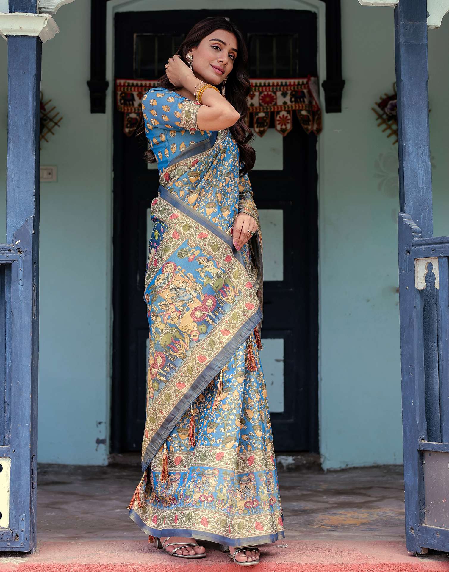 Blue Shimmer Silk Printed Kalamkari Saree