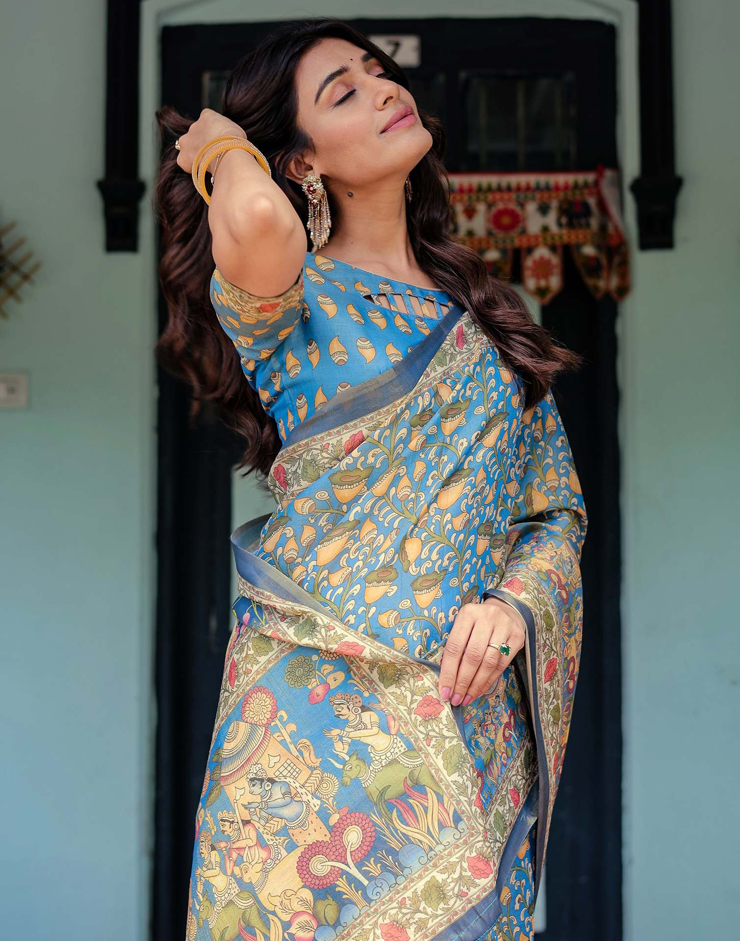 Blue Shimmer Silk Printed Kalamkari Saree