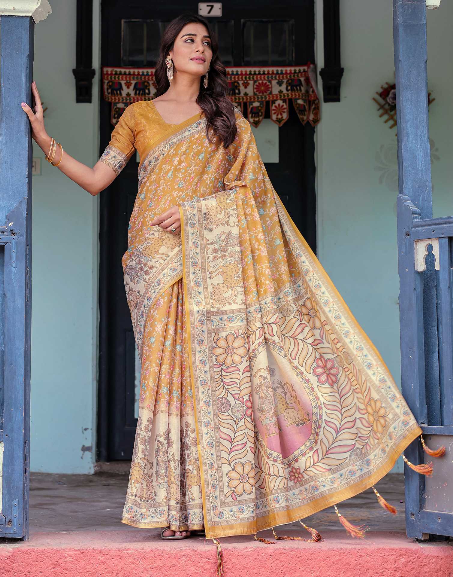 Mustard Shimmer Silk Printed Saree