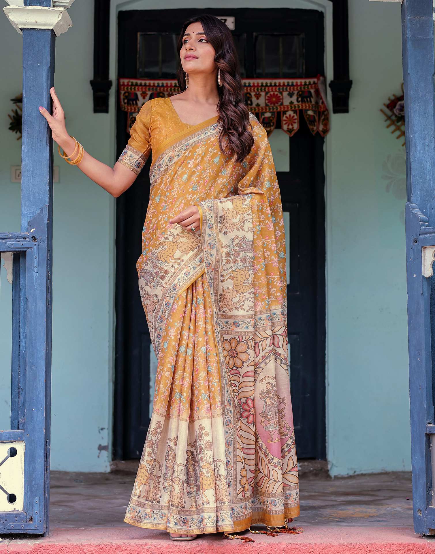 Mustard Shimmer Silk Printed Saree