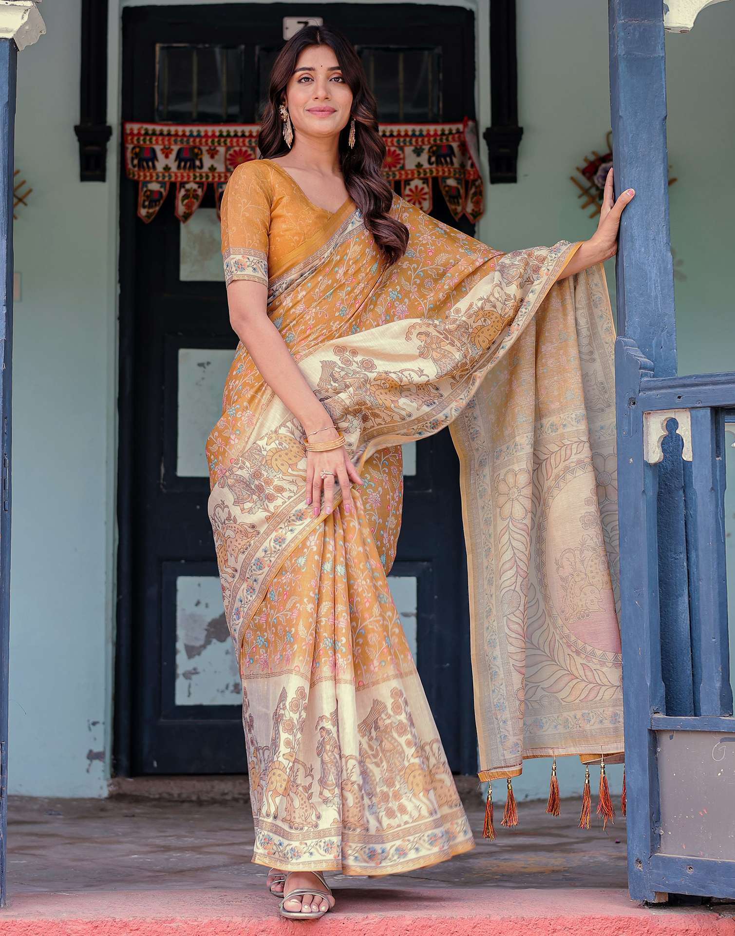 Mustard Shimmer Silk Printed Saree