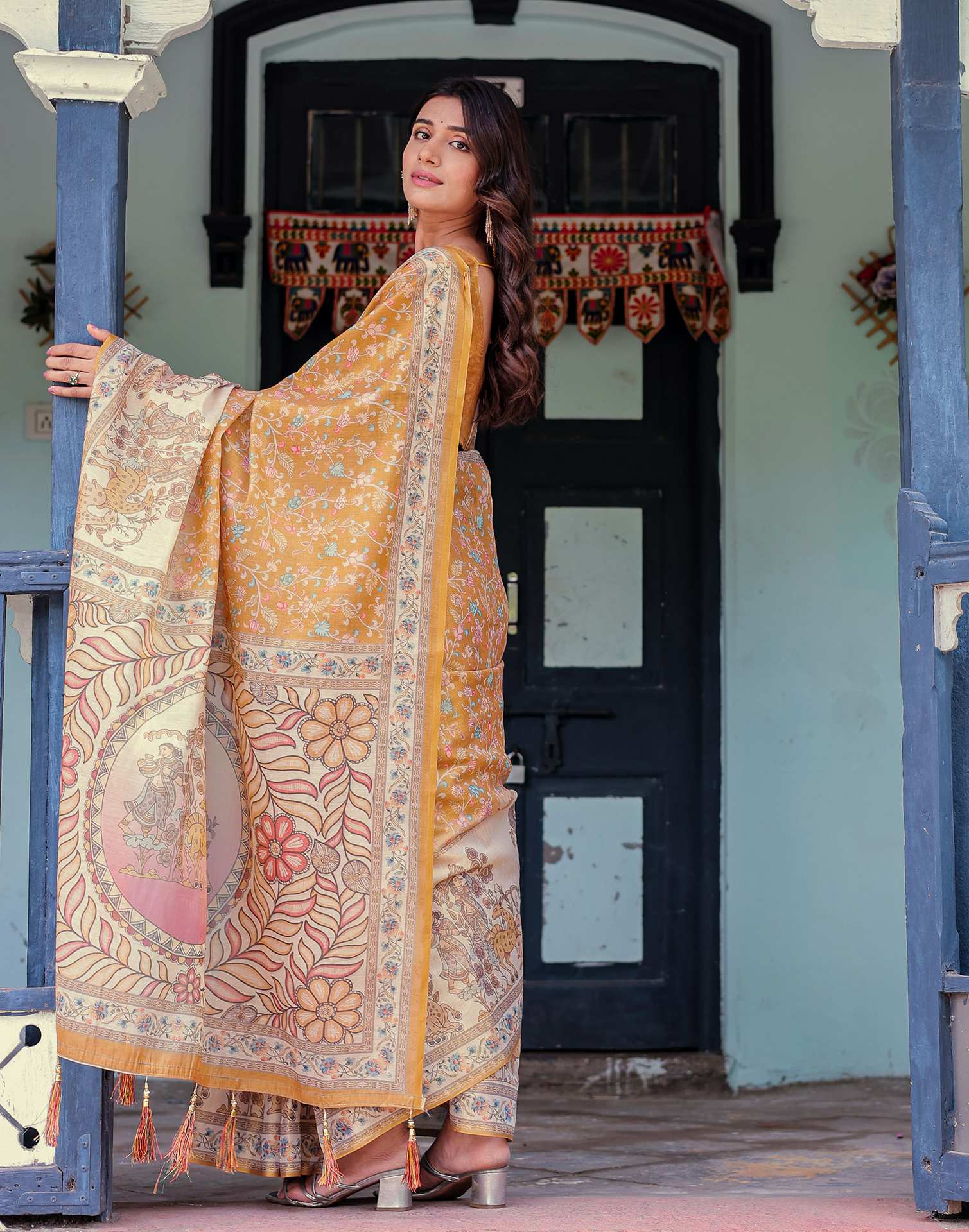 Mustard Shimmer Silk Printed Saree