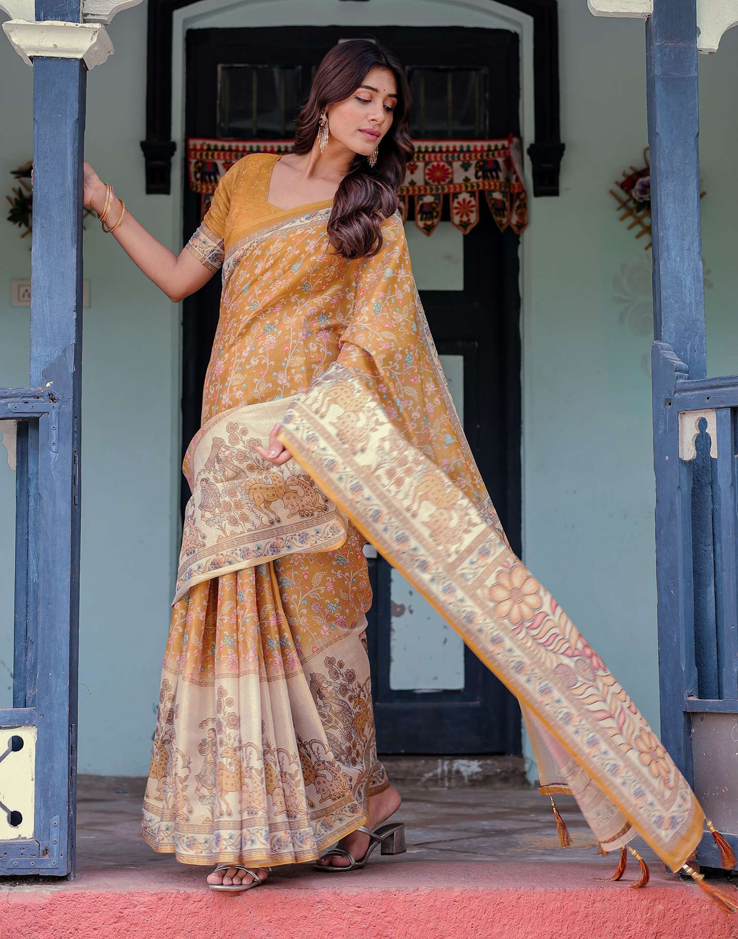 Mustard Shimmer Silk Printed Saree
