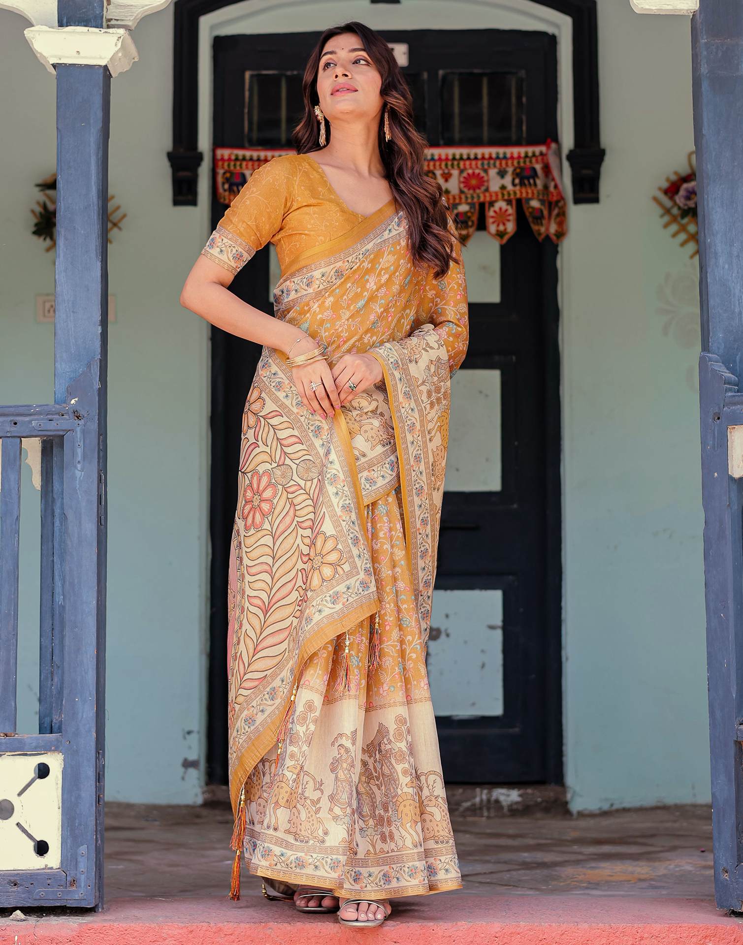 Mustard Shimmer Silk Printed Saree