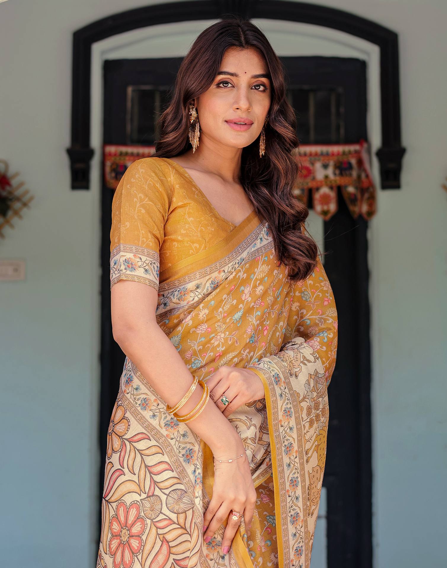 Mustard Shimmer Silk Printed Saree