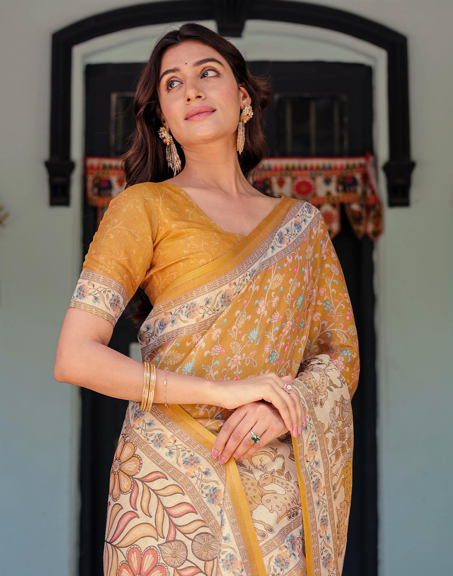 Mustard Shimmer Silk Printed Saree
