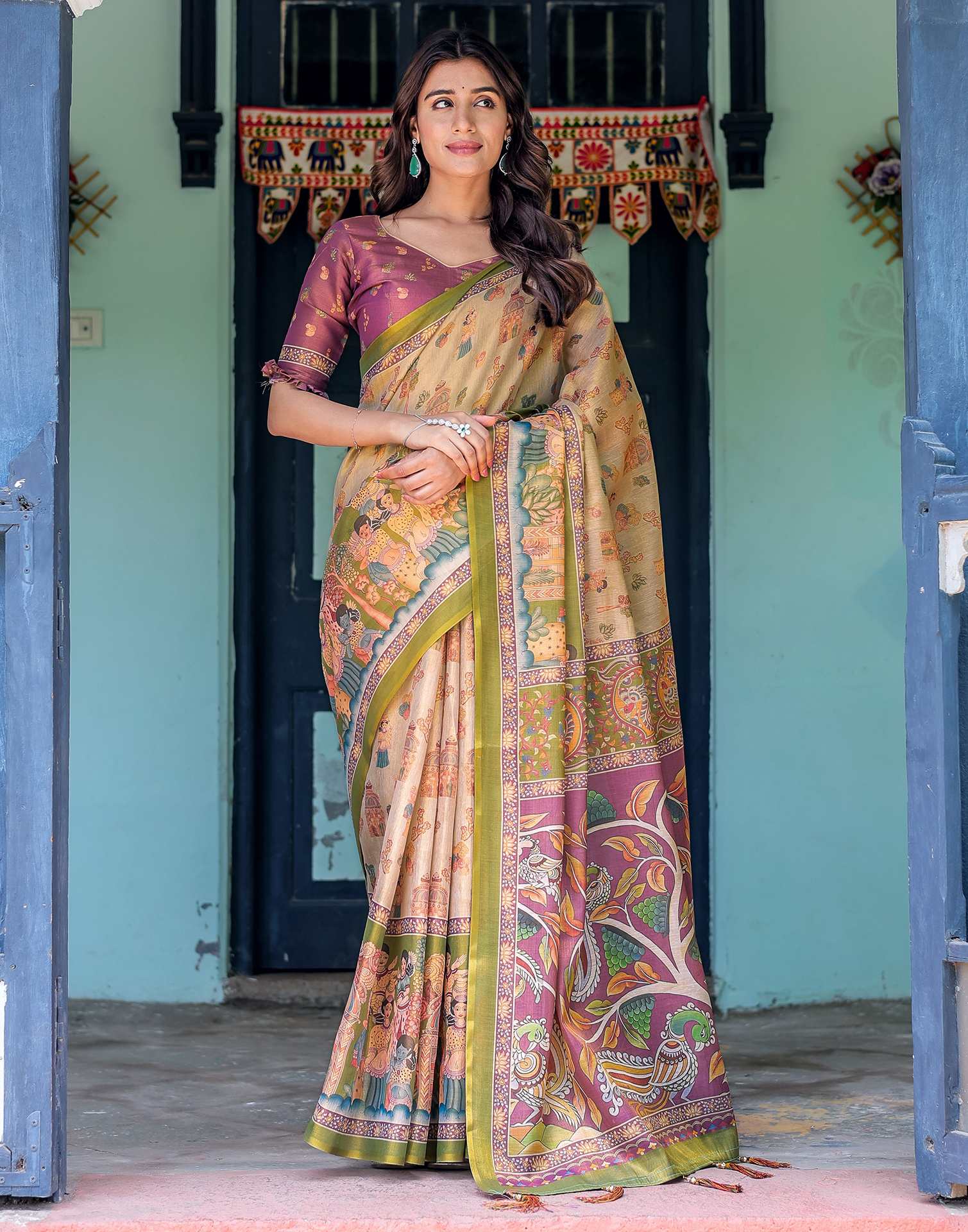 Beige Shimmer Silk Printed Saree